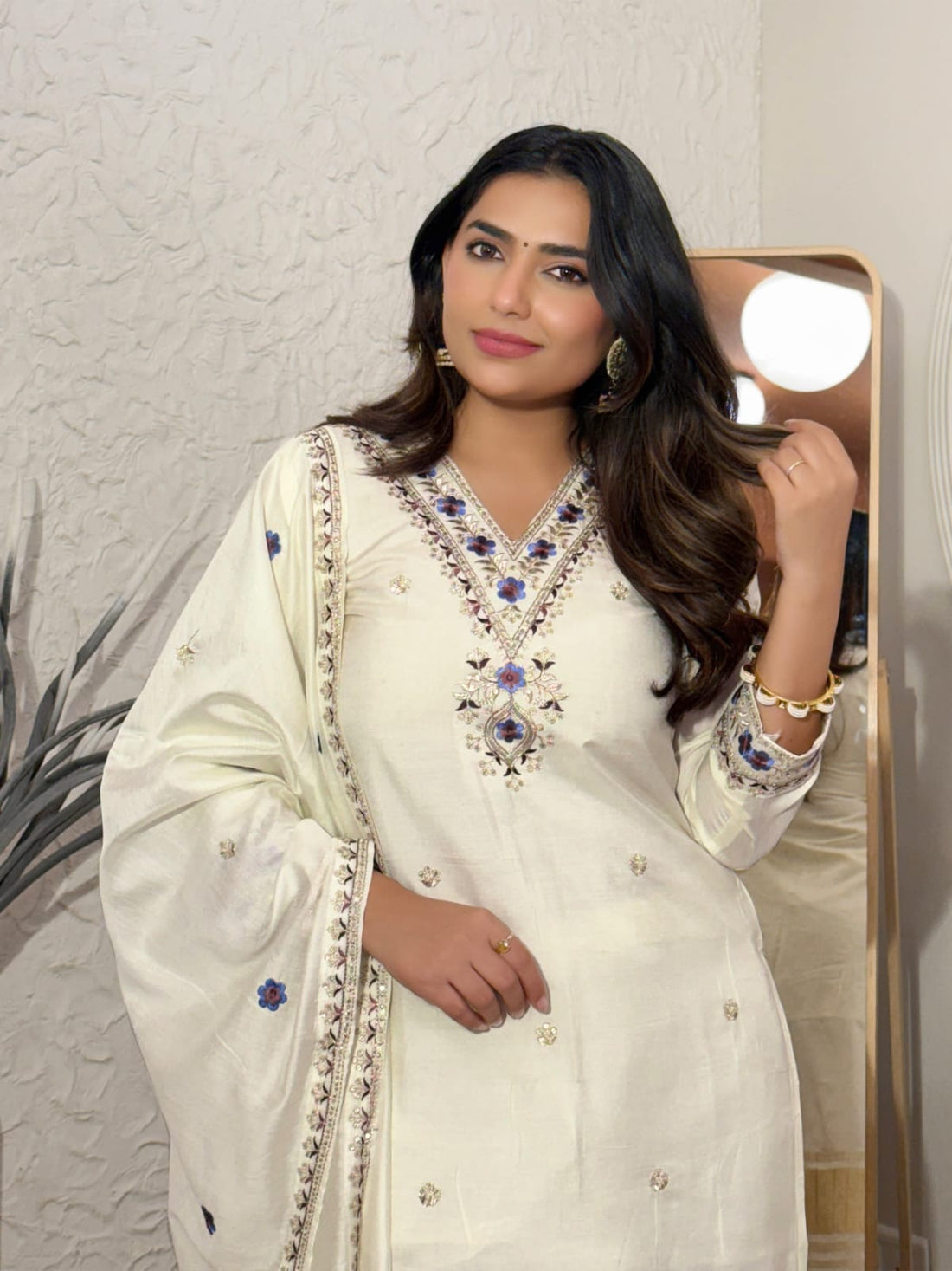 Women’s Pure Lagdi Viscose Chanderi Kurti Set with Sequence Cording Embroidery SurMira Fashion