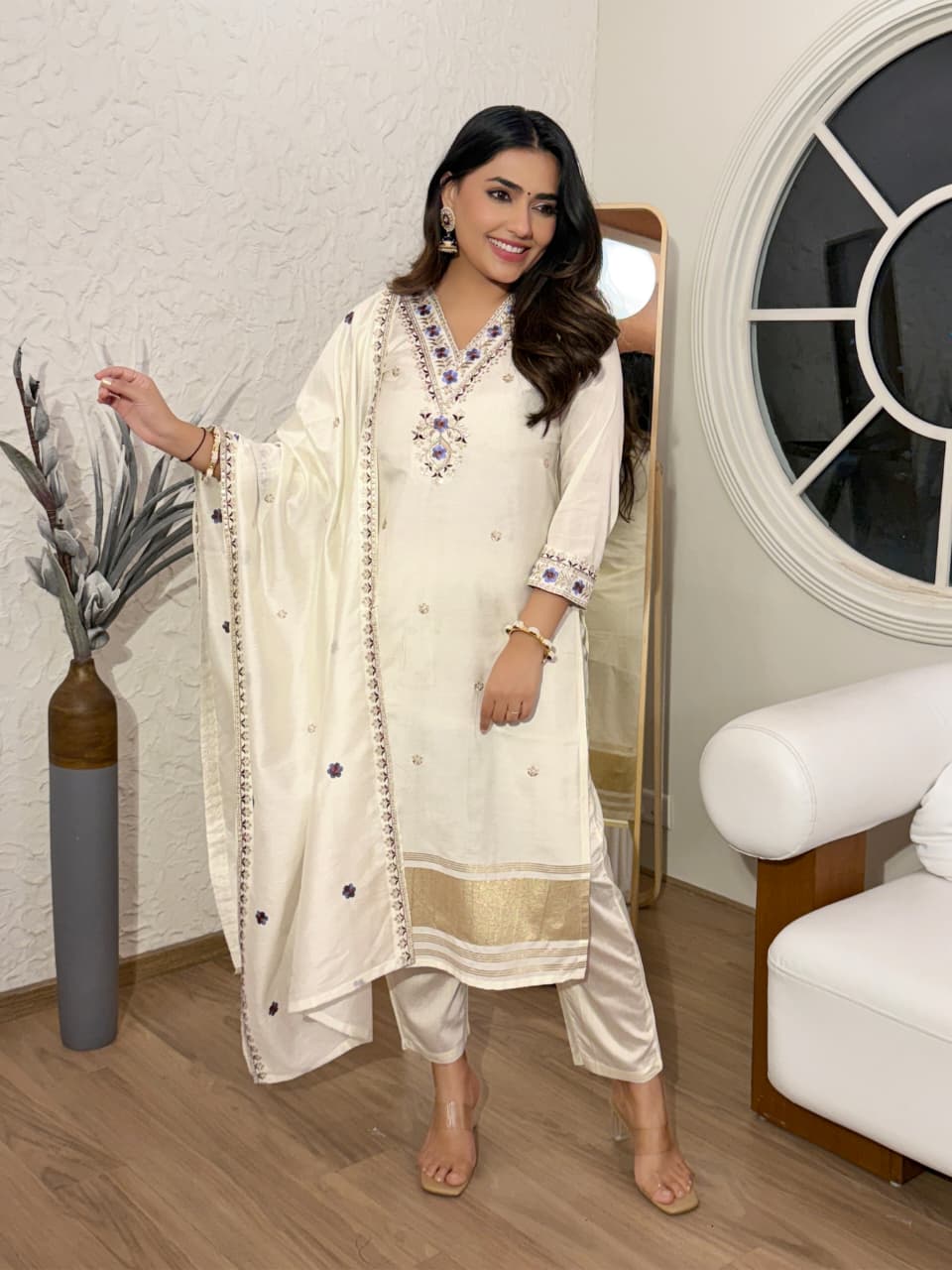 Women’s Pure Lagdi Viscose Chanderi Kurti Set with Sequence Cording Embroidery SurMira Fashion
