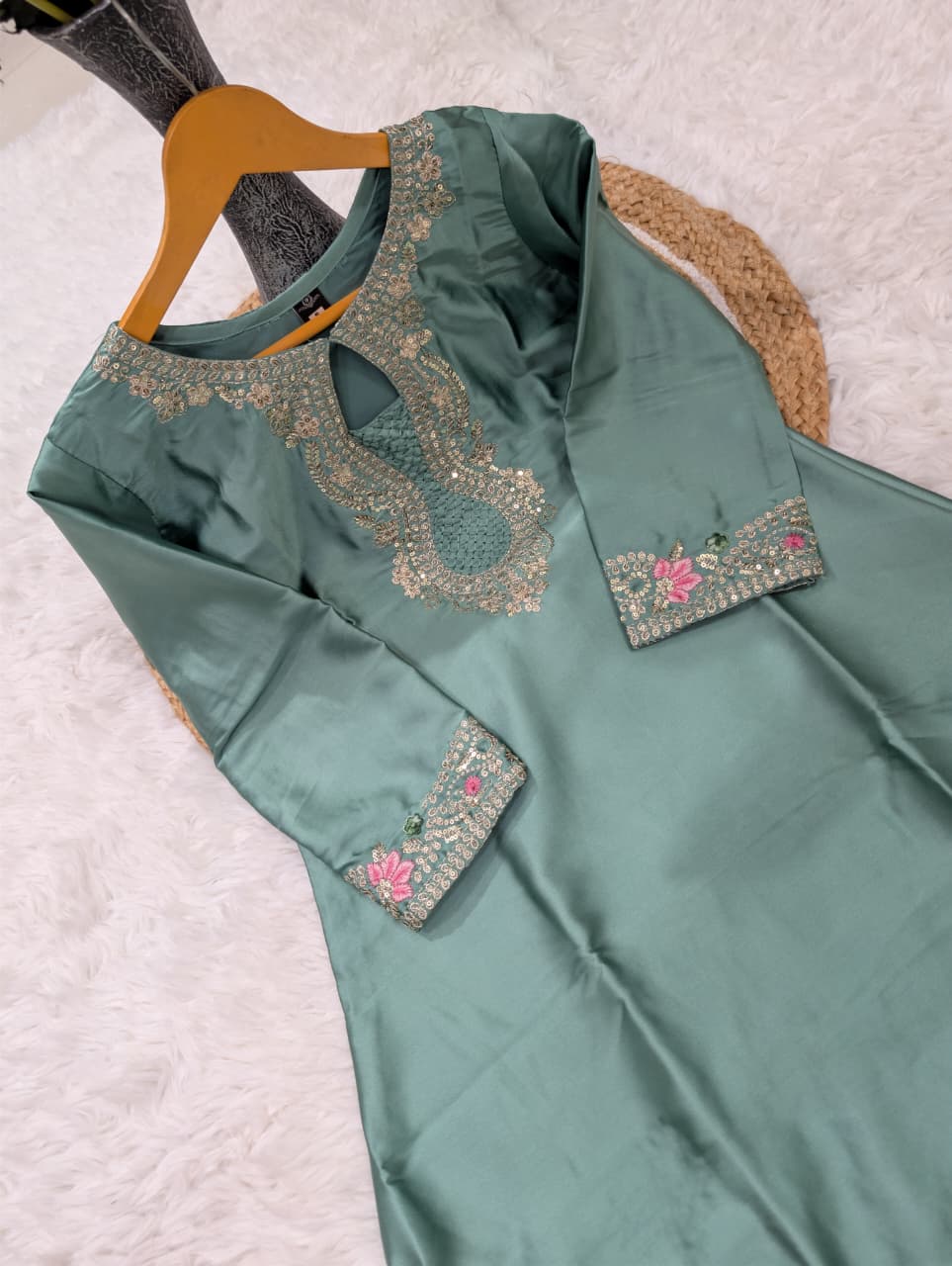 Women's Designer Japan Satin Kurti with Organza Taby Dupatta