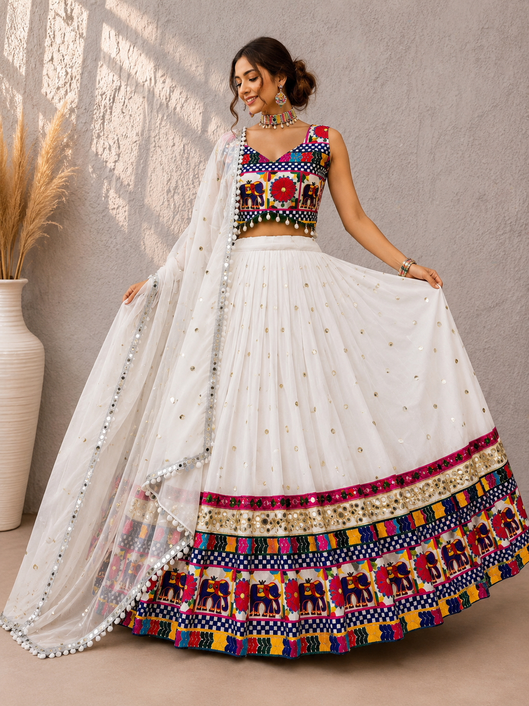 Women’s Faux Georgette Lehenga Choli with Real Mirror, Chain Stitch & Sequence Work SurMira Fashion