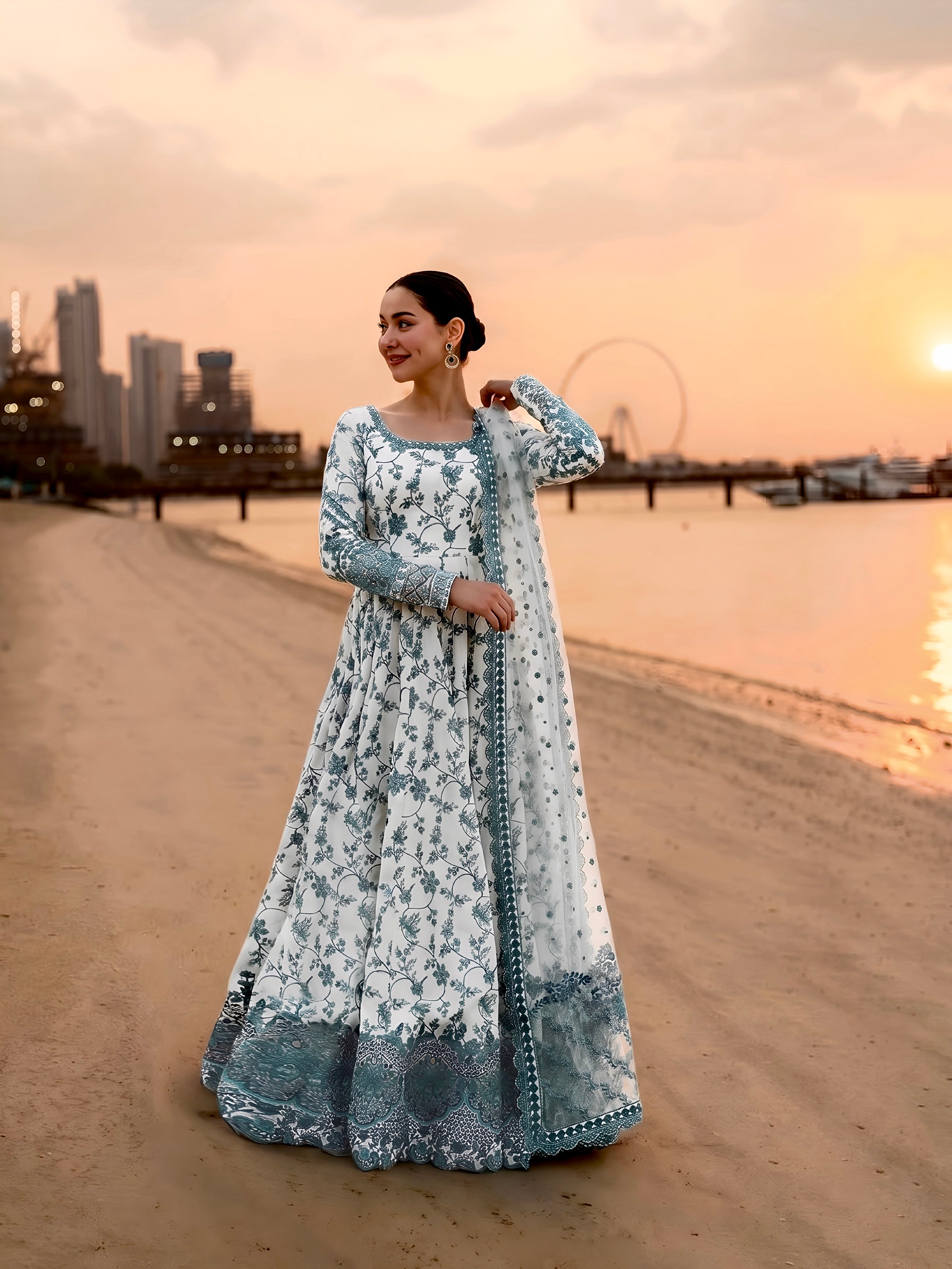 Party Wear Embroidered Faux Georgette Gown with Dupatta and Bottom Set