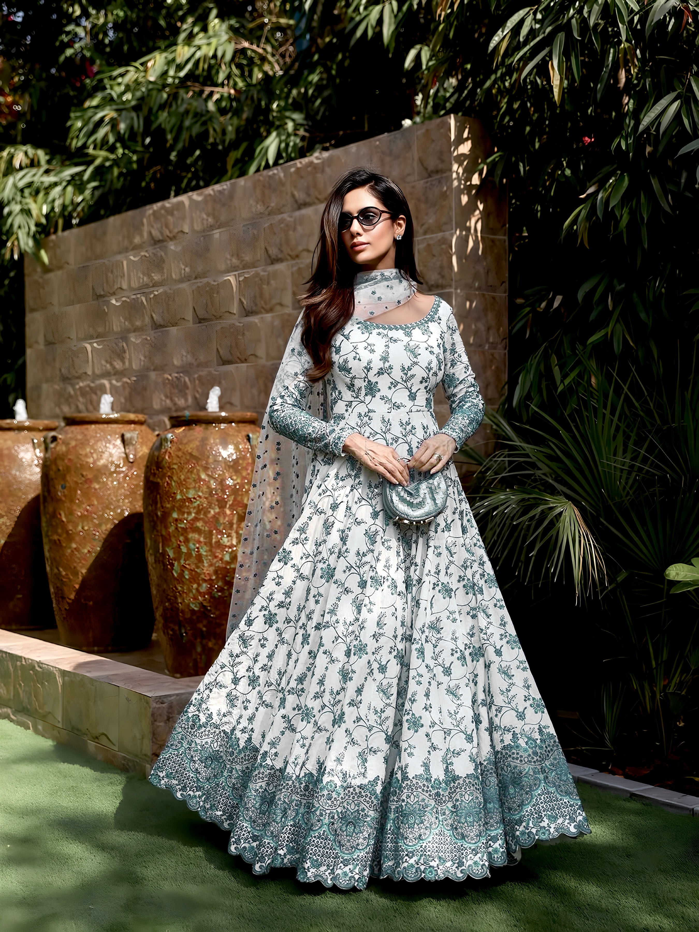 Party Wear Embroidered Faux Georgette Gown with Dupatta and Bottom Set