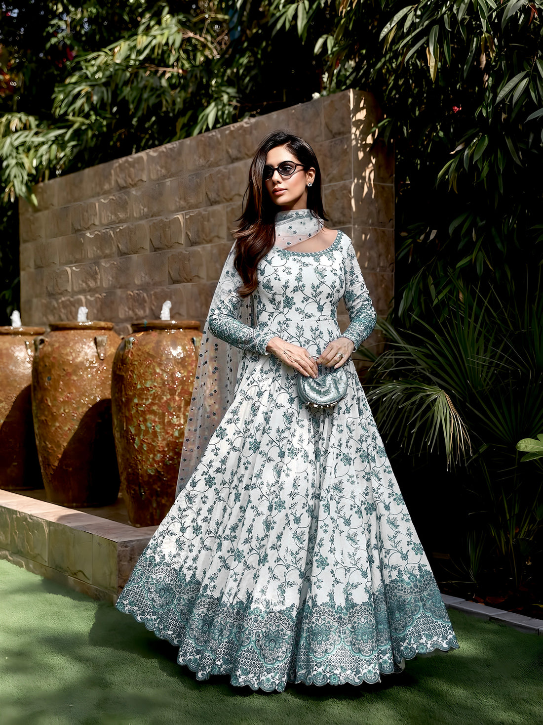 Party Wear Embroidered Faux Georgette Gown with Dupatta and Bottom Set