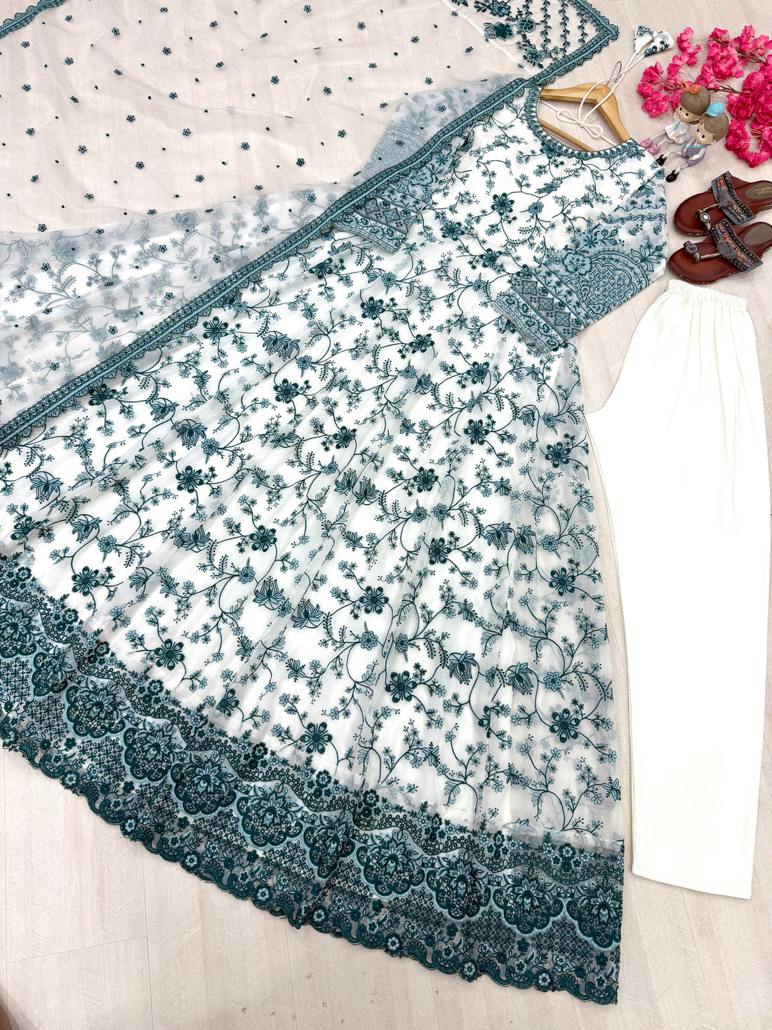 Party Wear Embroidered Faux Georgette Gown with Dupatta and Bottom Set