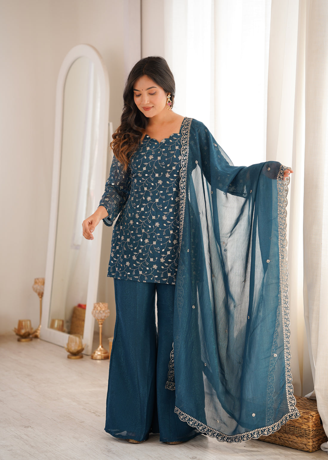 Women's Crunchy Silk Kurta Bell Bottom Pant Set with Embroidery & Zari Work