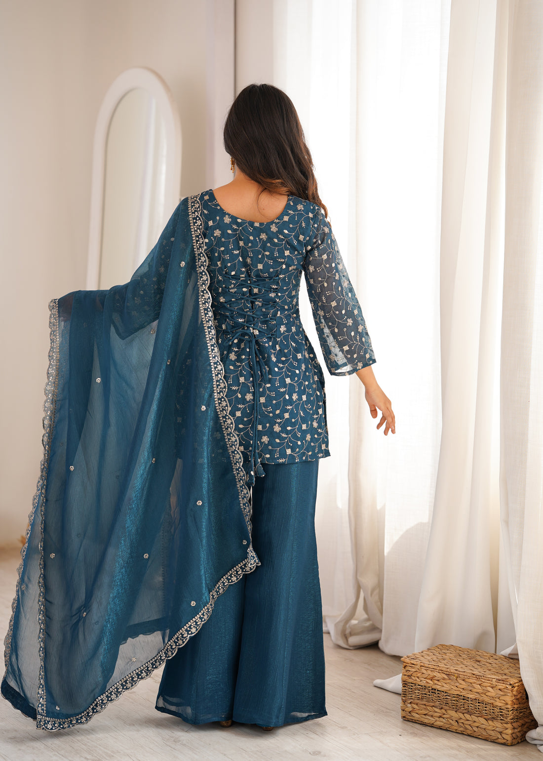 Women's Crunchy Silk Kurta Bell Bottom Pant Set with Embroidery & Zari Work