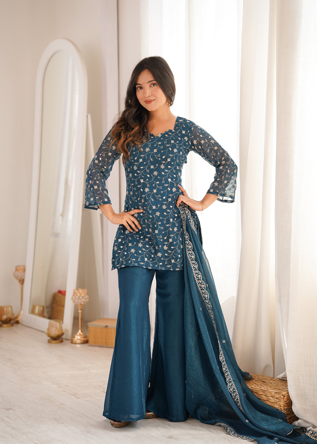 Women's Crunchy Silk Kurta Bell Bottom Pant Set with Embroidery & Zari Work