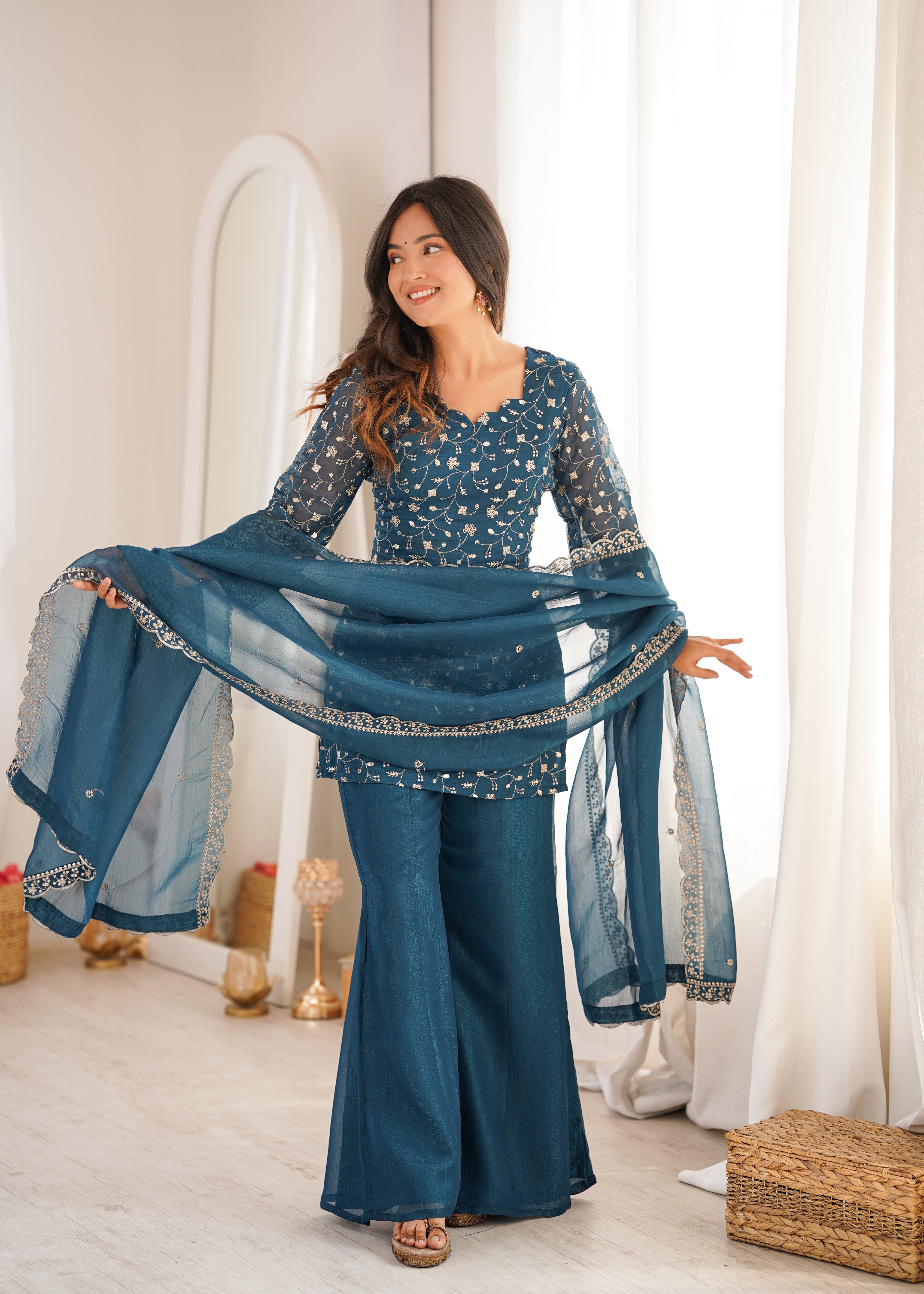 Women's Crunchy Silk Kurta Bell Bottom Pant Set with Embroidery & Zari Work