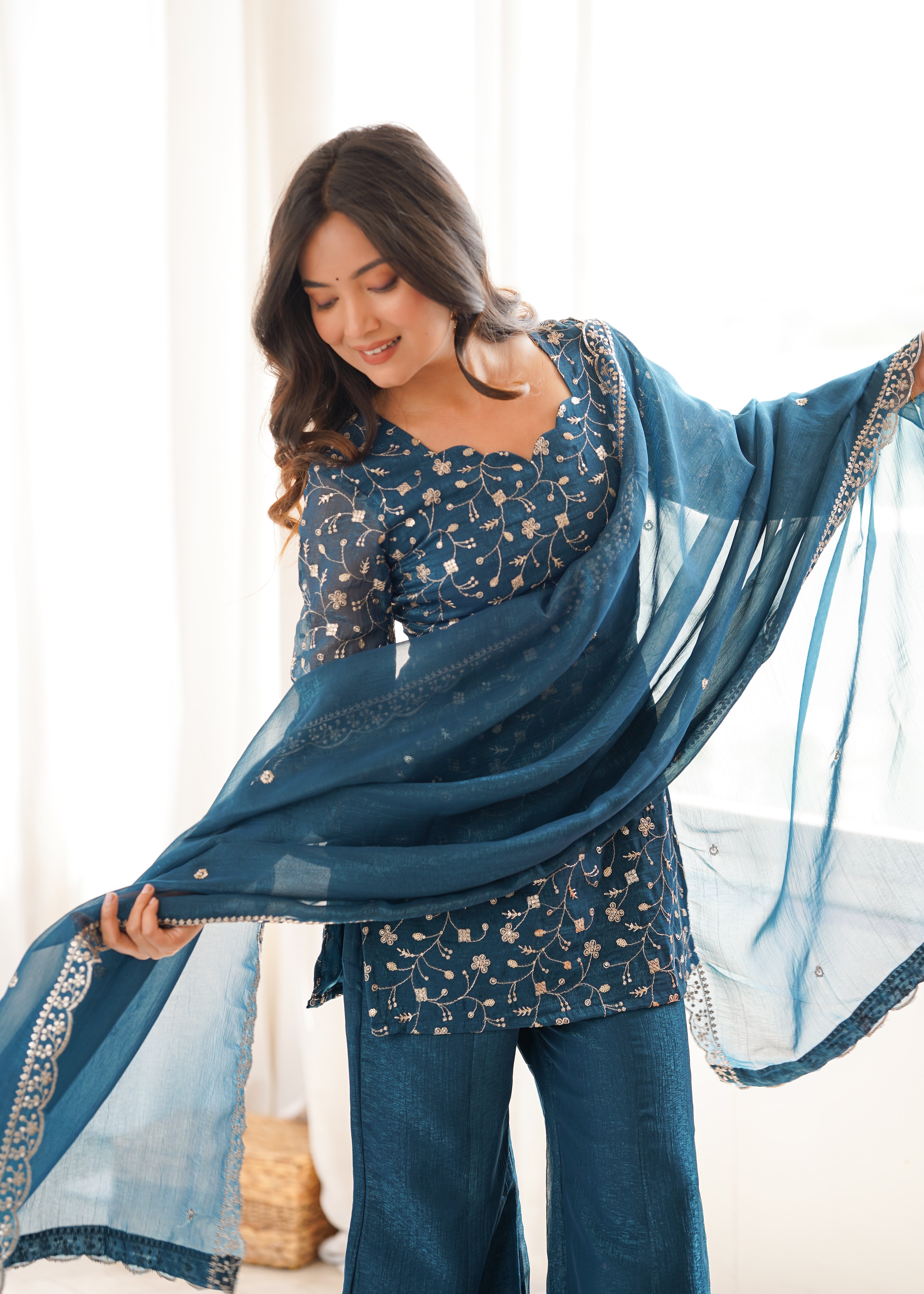 Women's Crunchy Silk Kurta Bell Bottom Pant Set with Embroidery & Zari Work