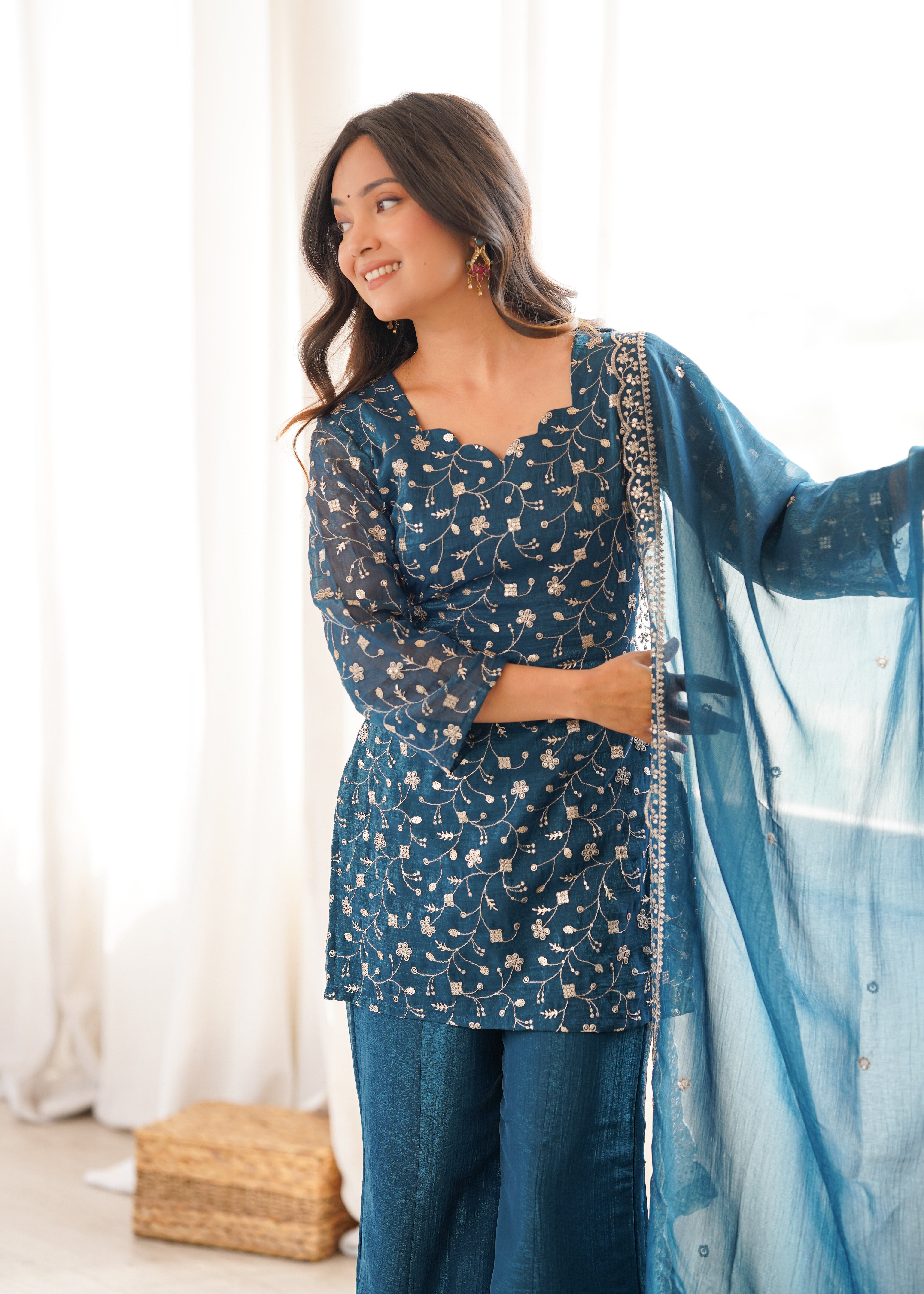 Women's Crunchy Silk Kurta Bell Bottom Pant Set with Embroidery & Zari Work