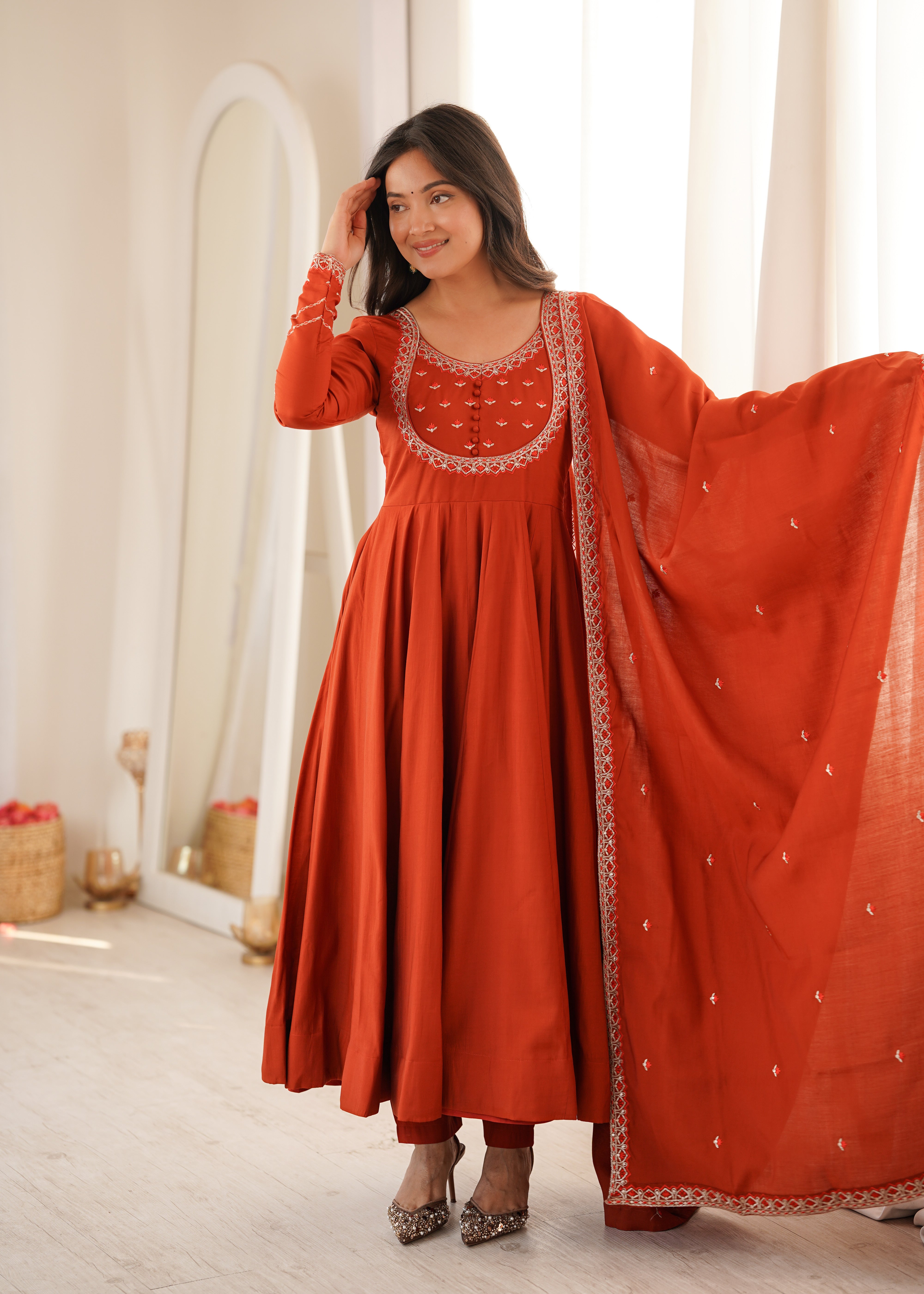 Women’s Pure Roman Chanderi Silk Anarkali Gown with Thread & Zari Embroidery
