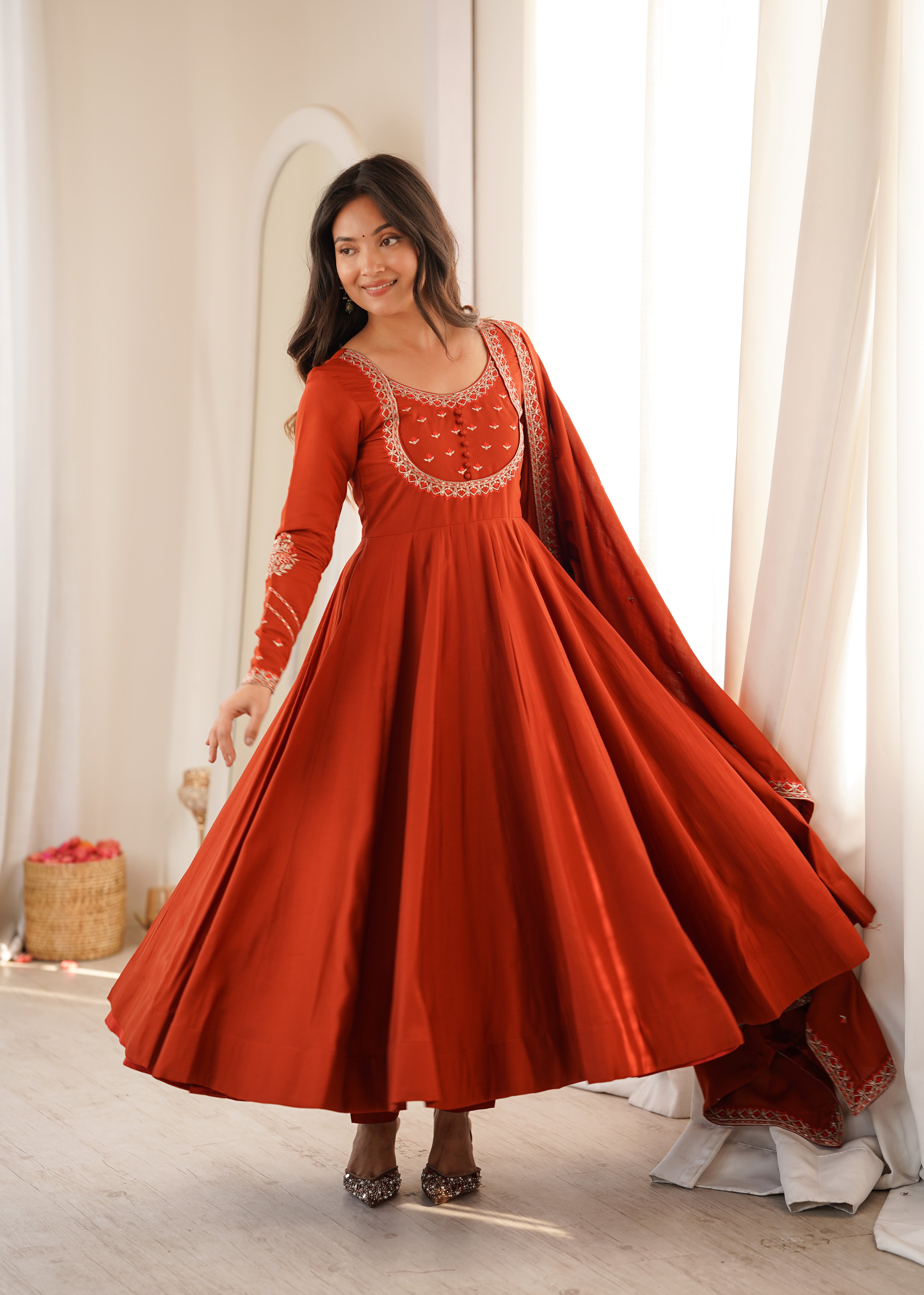 Women’s Pure Roman Chanderi Silk Anarkali Gown with Thread & Zari Embroidery