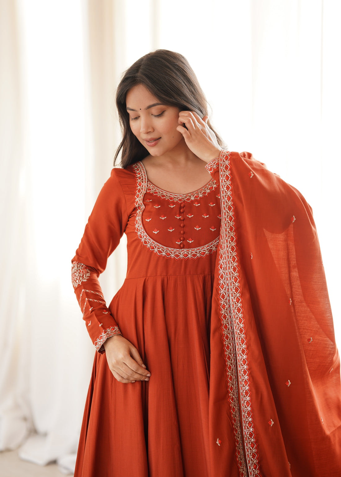 Women’s Pure Roman Chanderi Silk Anarkali Gown with Thread & Zari Embroidery