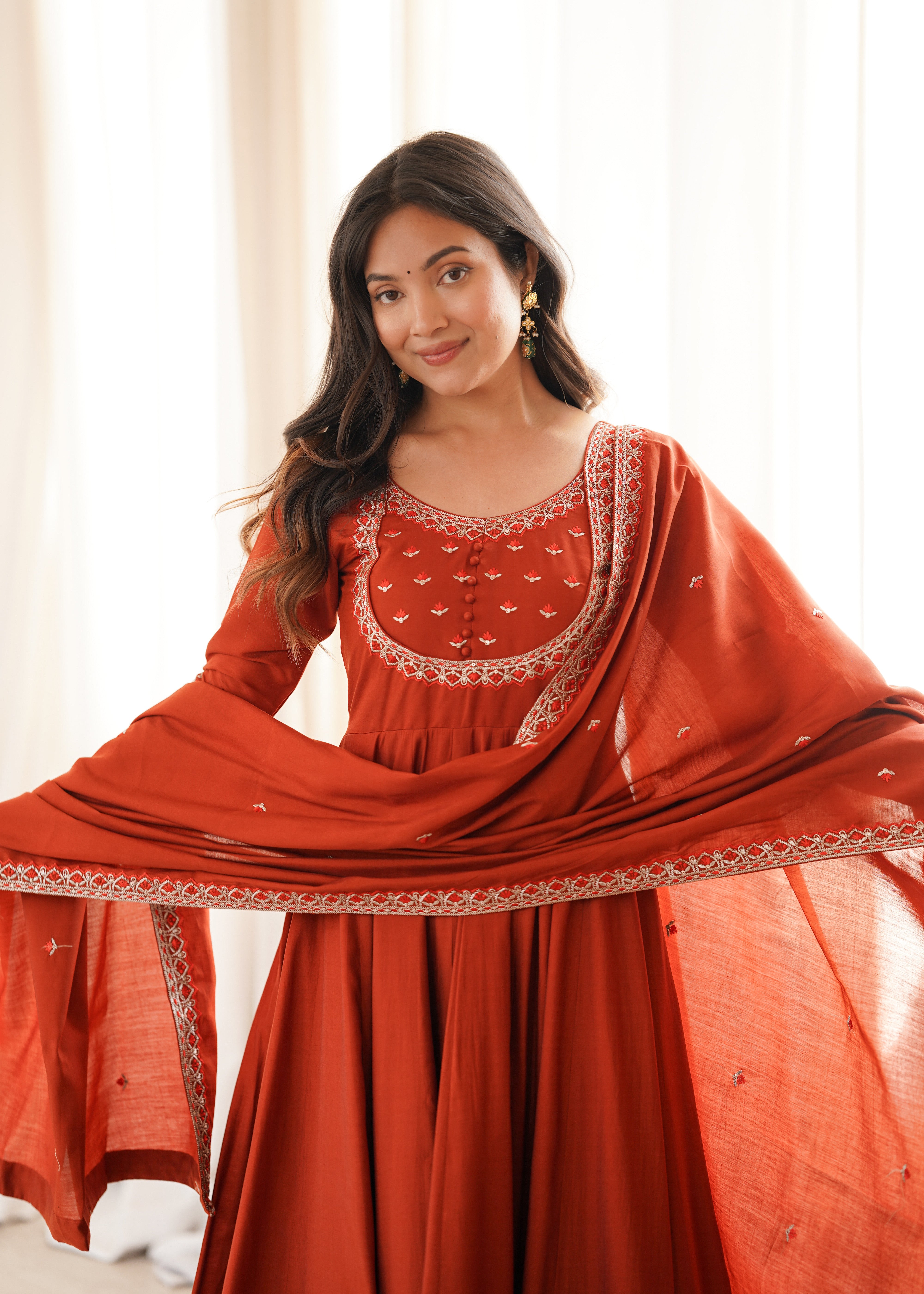 Women’s Pure Roman Chanderi Silk Anarkali Gown with Thread & Zari Embroidery