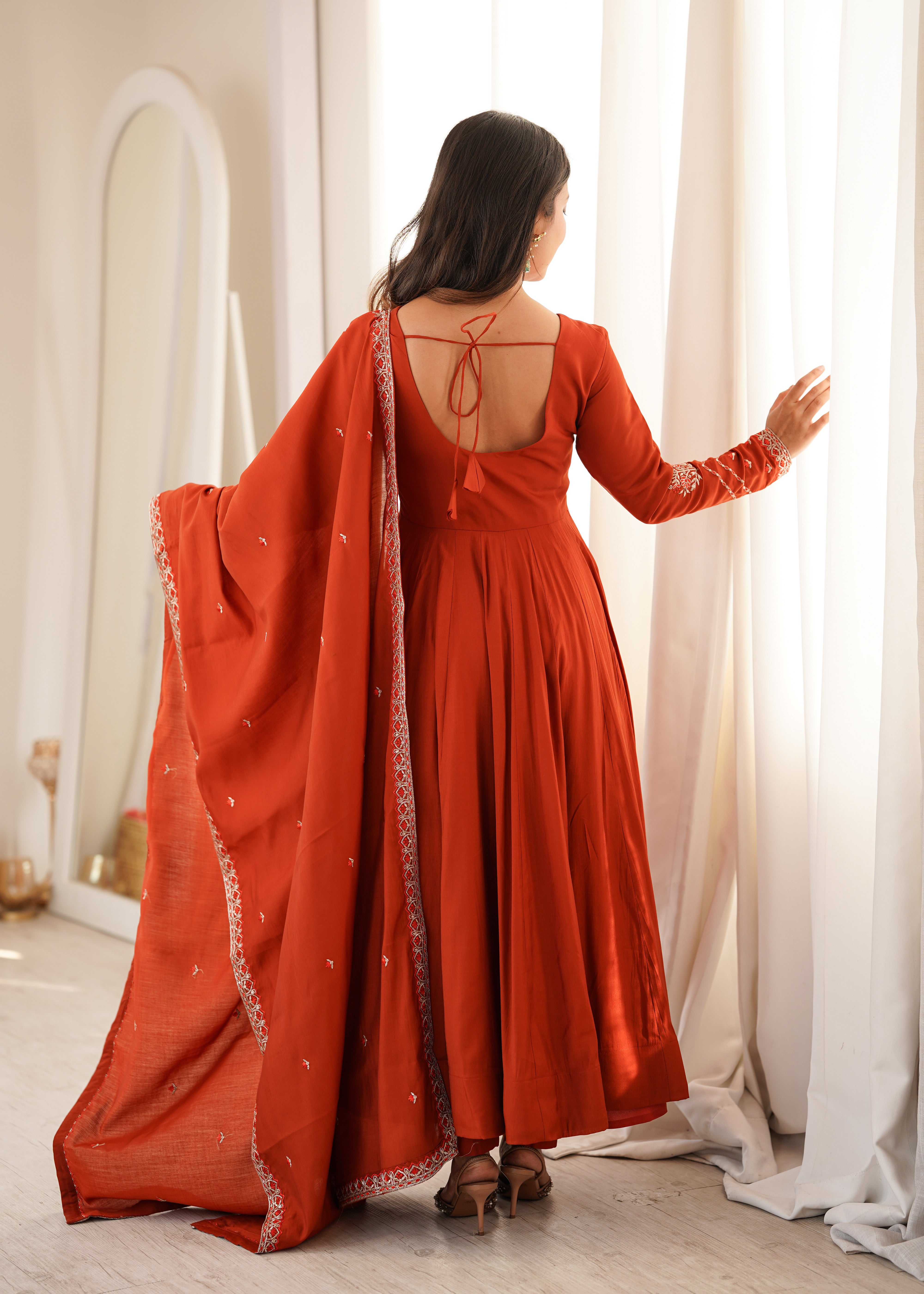 Women’s Pure Roman Chanderi Silk Anarkali Gown with Thread & Zari Embroidery