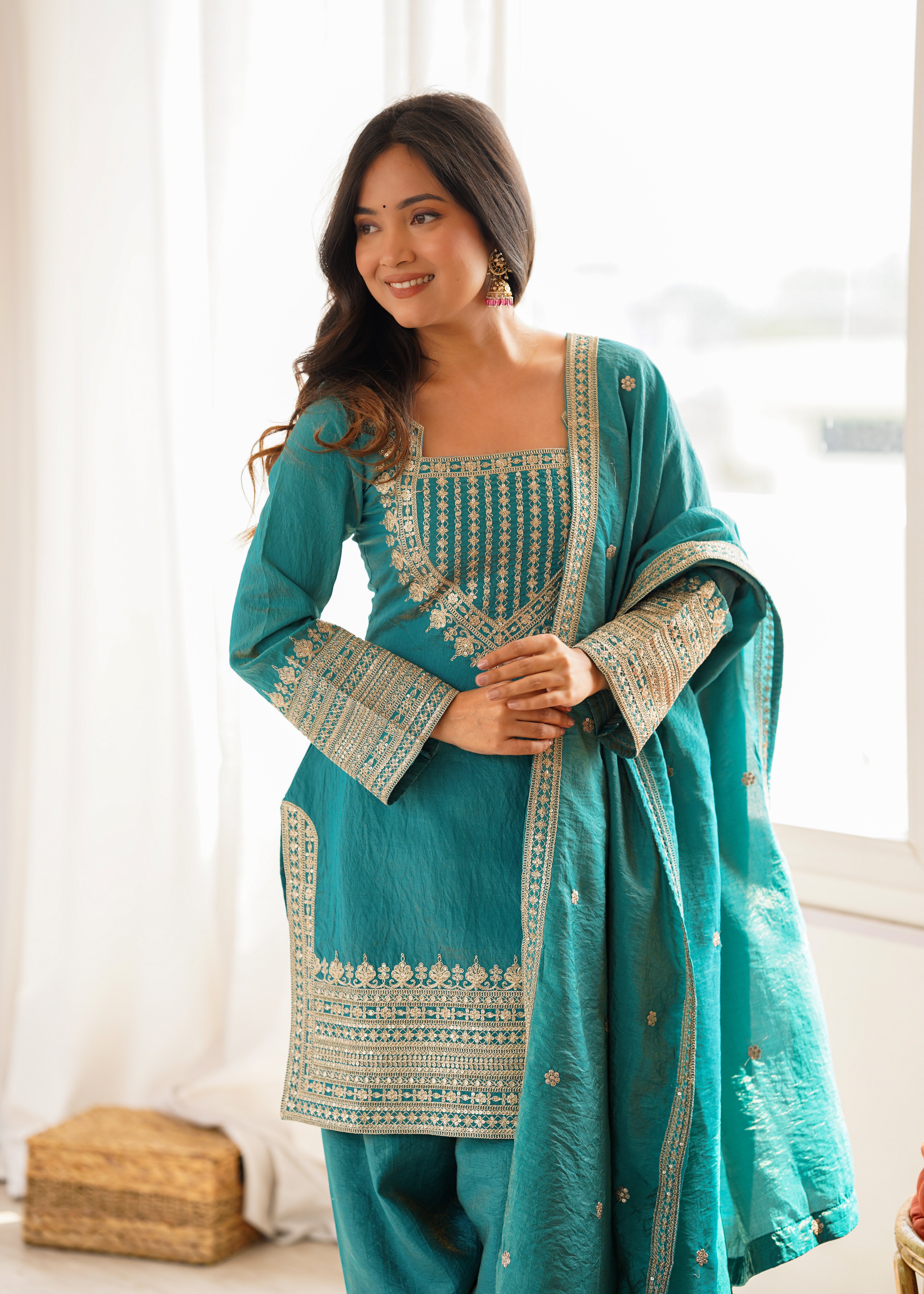 Designer NC Vichitra Silk Kurti Set with Farshi Salwar and Embroidered Dupatta