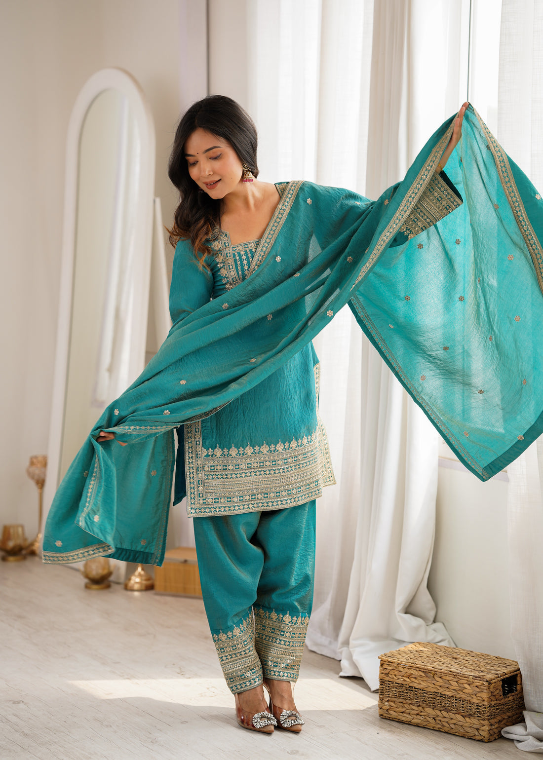 Designer NC Vichitra Silk Kurti Set with Farshi Salwar and Embroidered Dupatta
