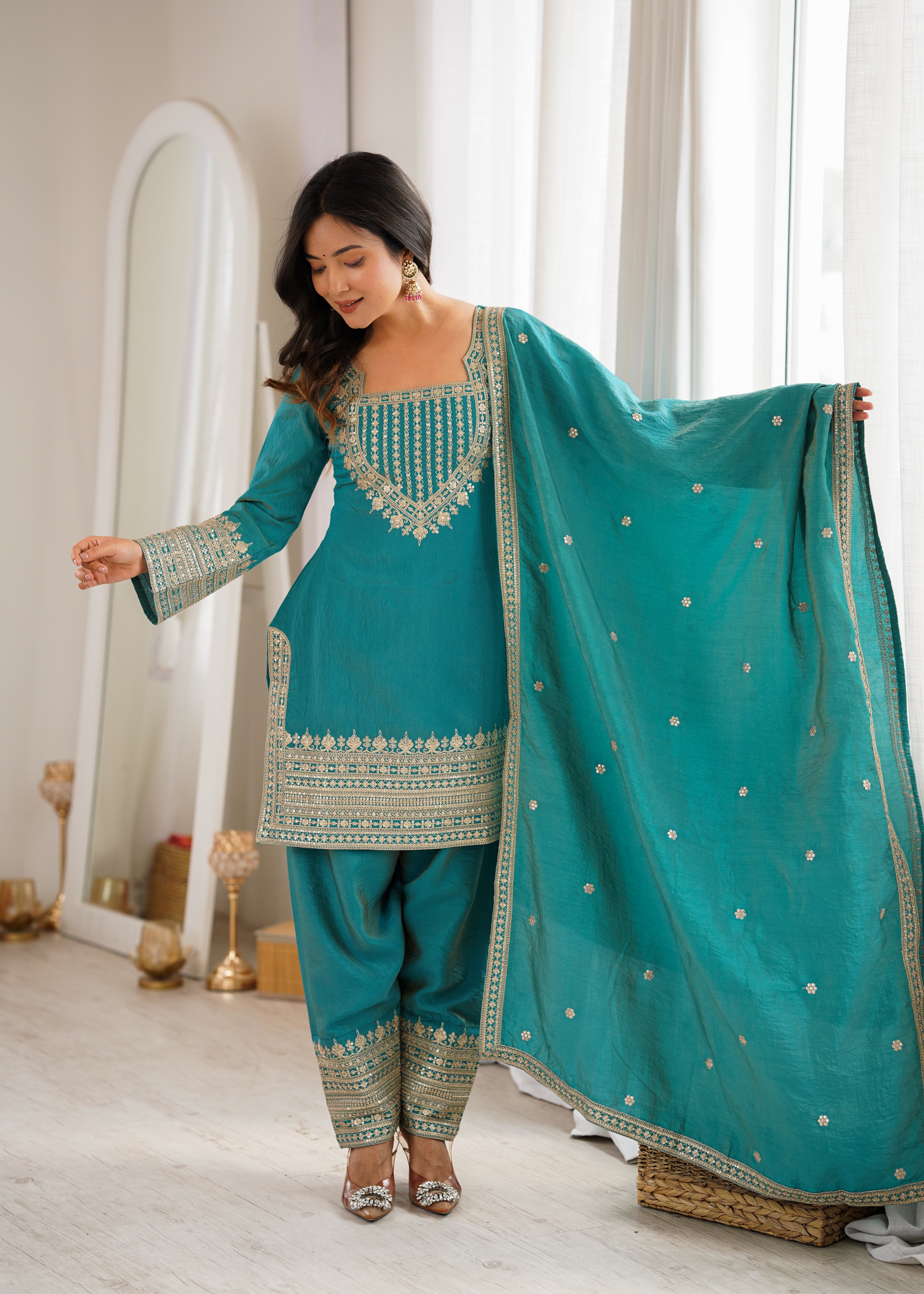 Designer NC Vichitra Silk Kurti Set with Farshi Salwar and Embroidered Dupatta