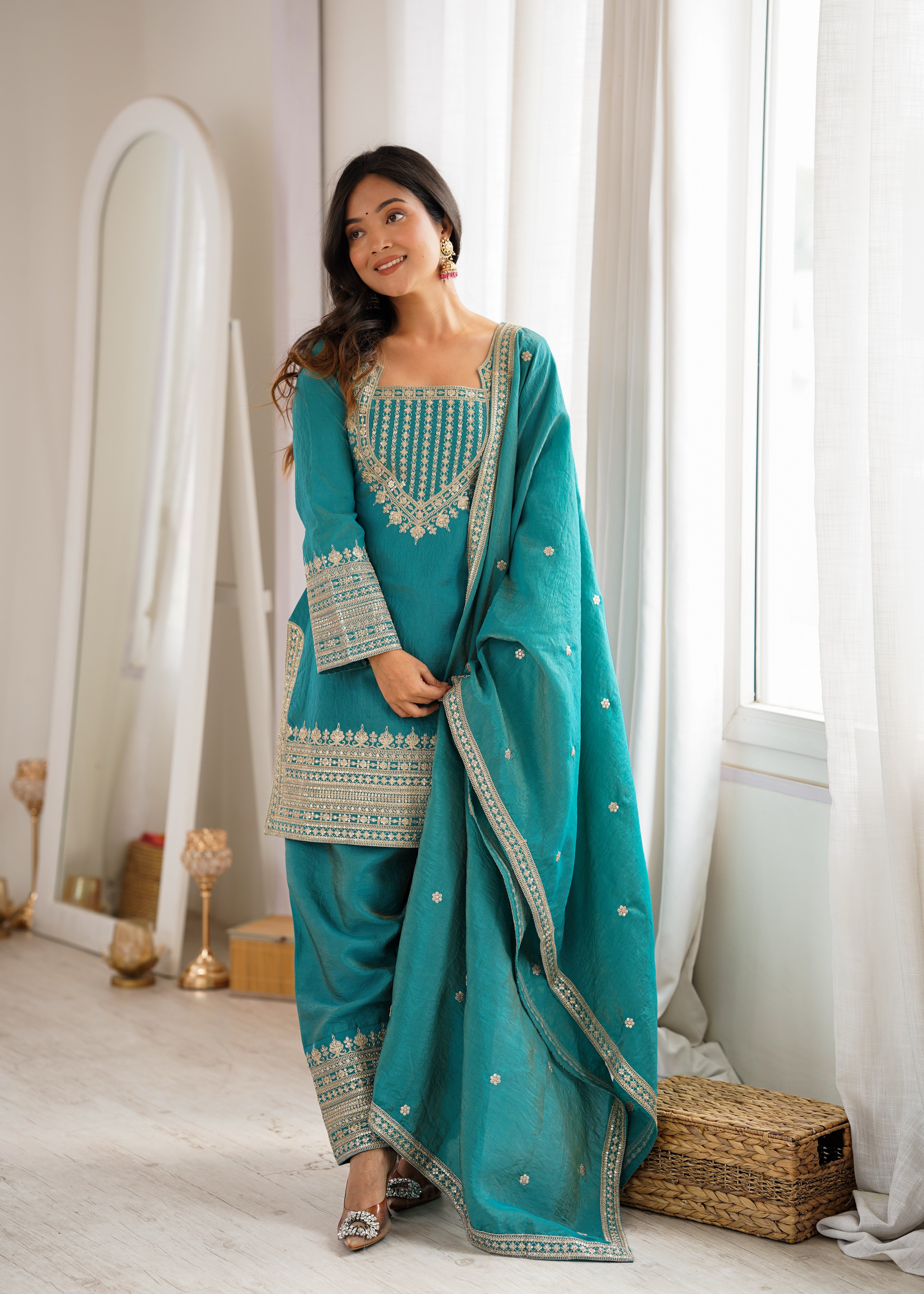Designer NC Vichitra Silk Kurti Set with Farshi Salwar and Embroidered Dupatta