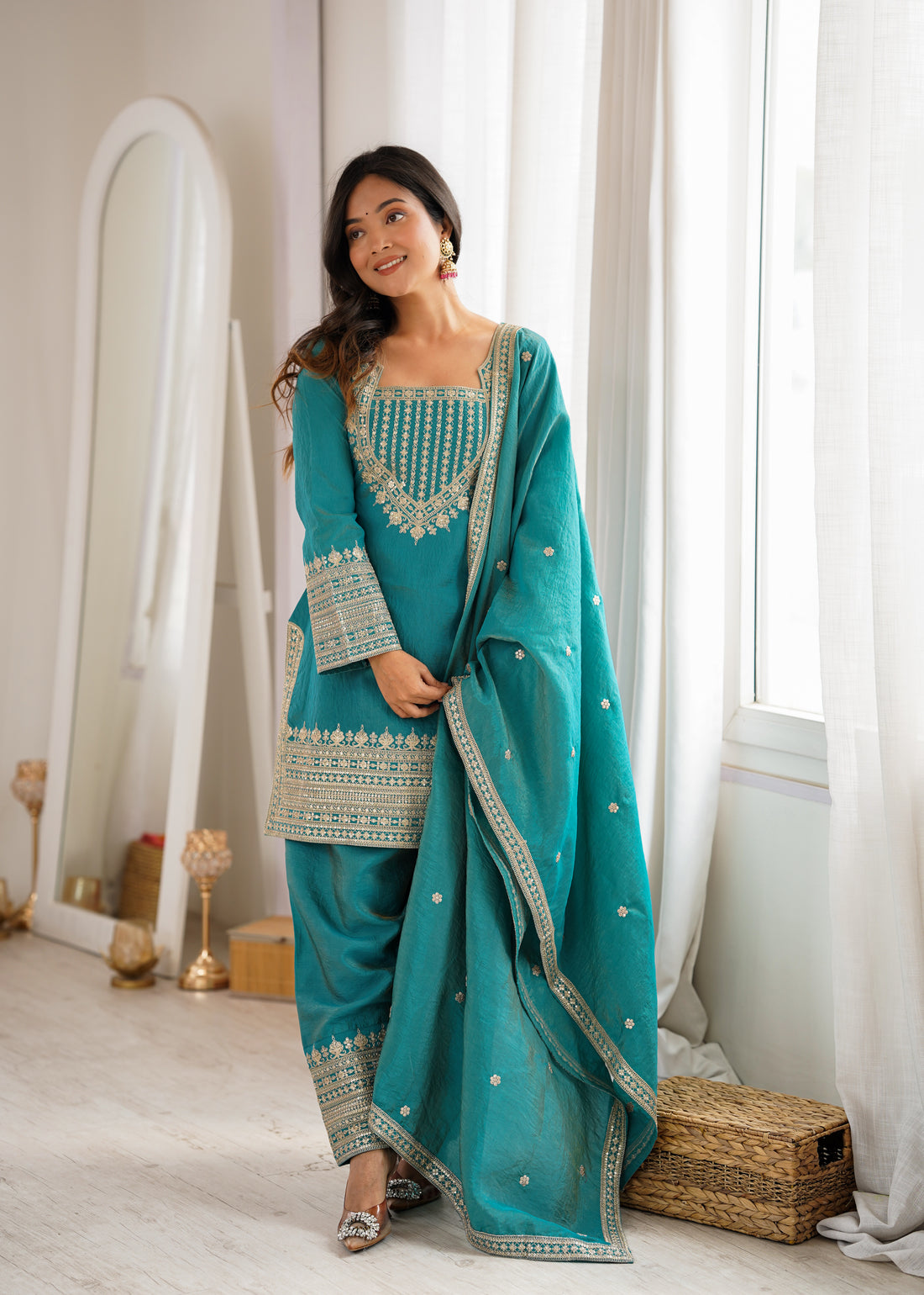 Designer NC Vichitra Silk Kurti Set with Farshi Salwar and Embroidered Dupatta
