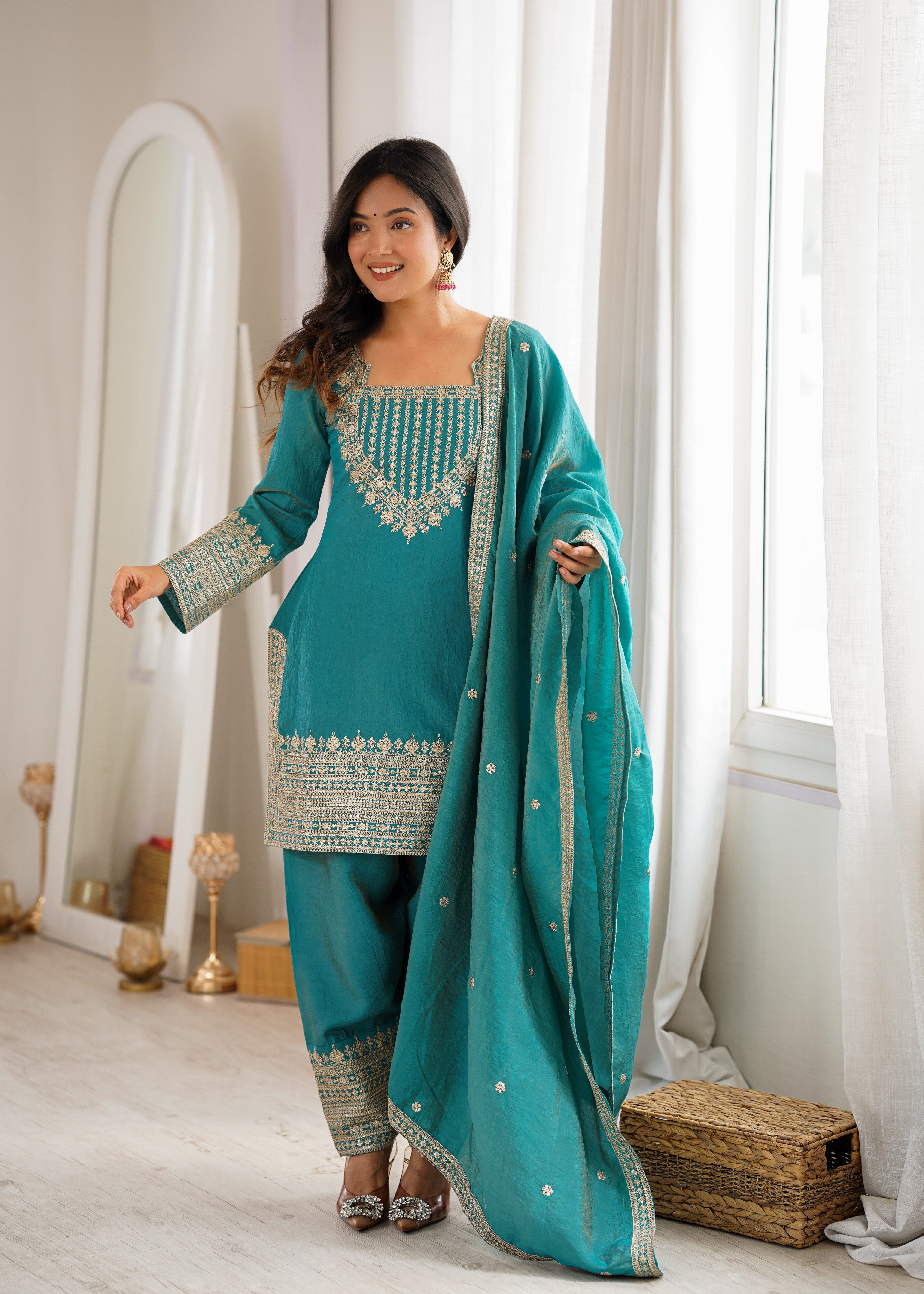 Designer NC Vichitra Silk Kurti Set with Farshi Salwar and Embroidered Dupatta