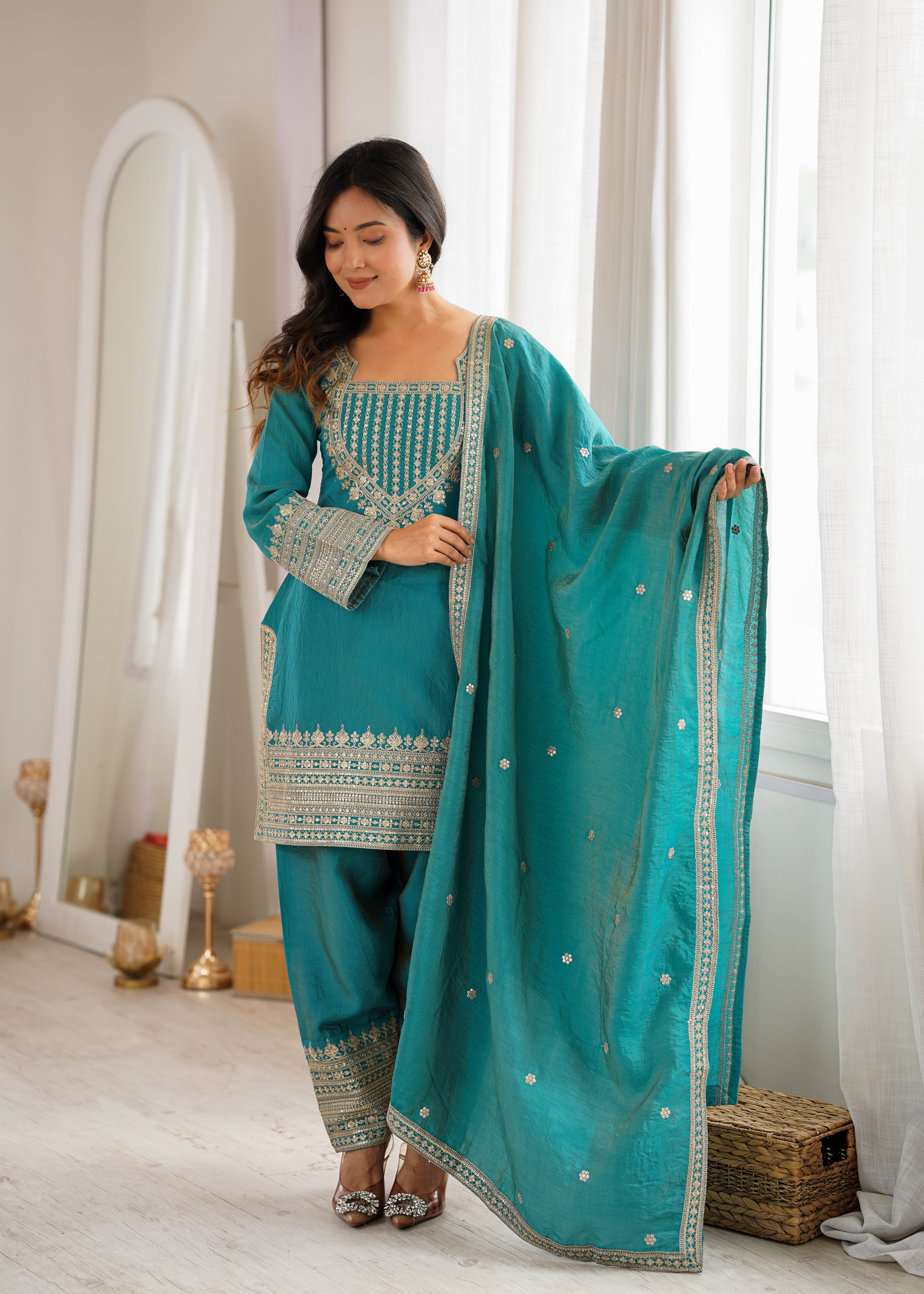Designer NC Vichitra Silk Kurti Set with Farshi Salwar and Embroidered Dupatta
