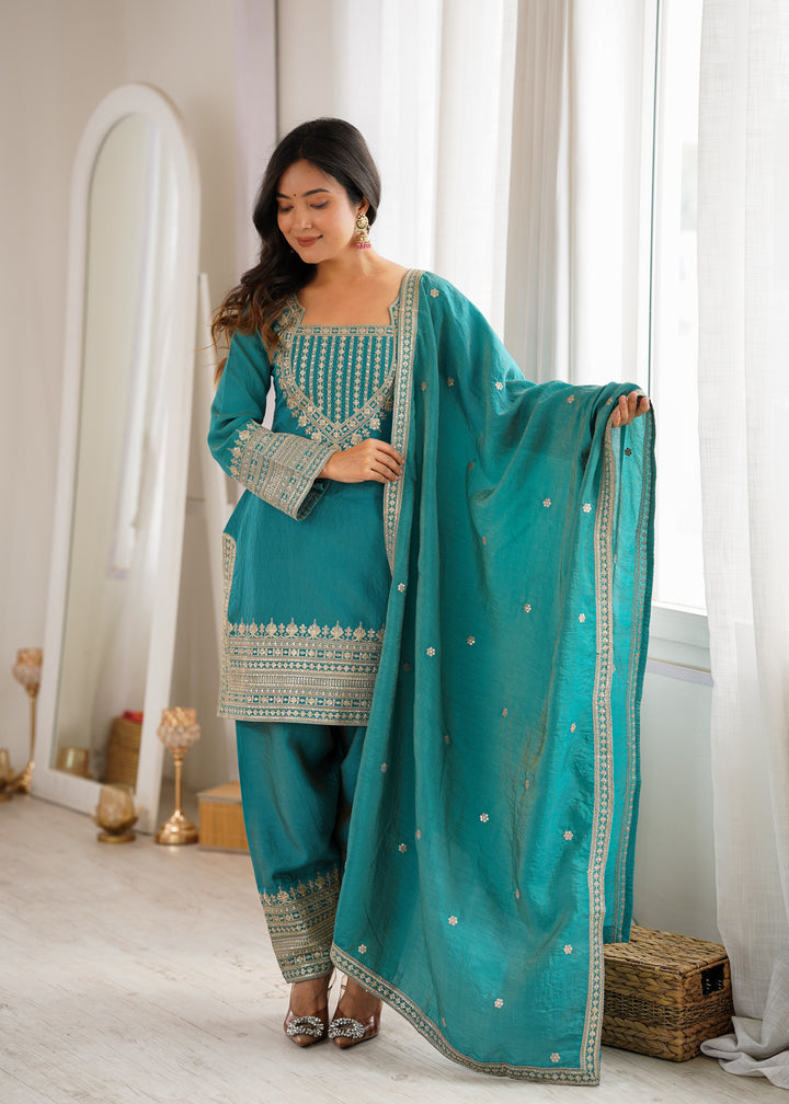 Colorful Festive Vichitra Silk Embroidered Farshi Shalwar Set ✨"KB-303"
