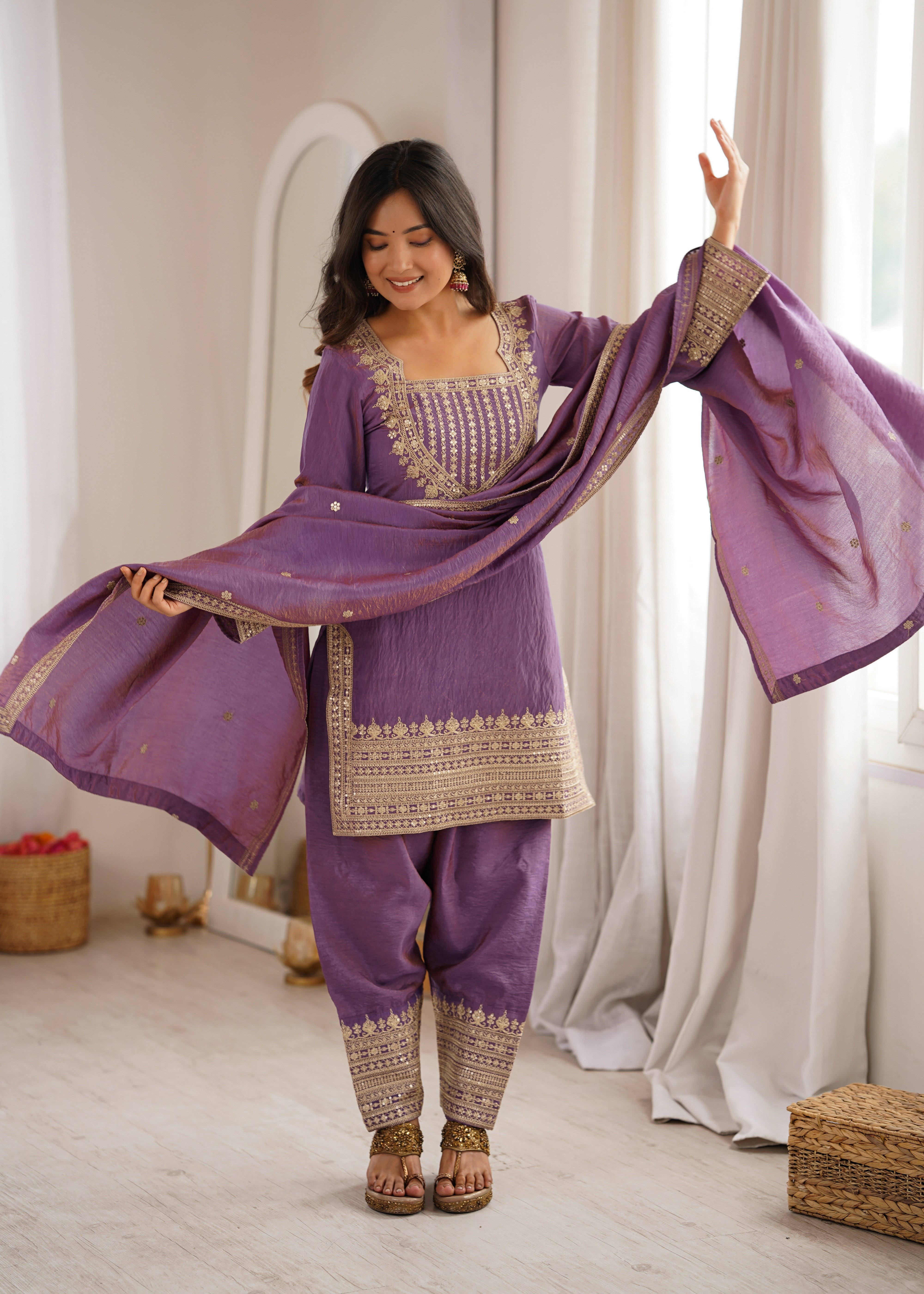 Women's NC Vichitra Silk Embroidered Kurti Farshi Salwar Set with Dupatta