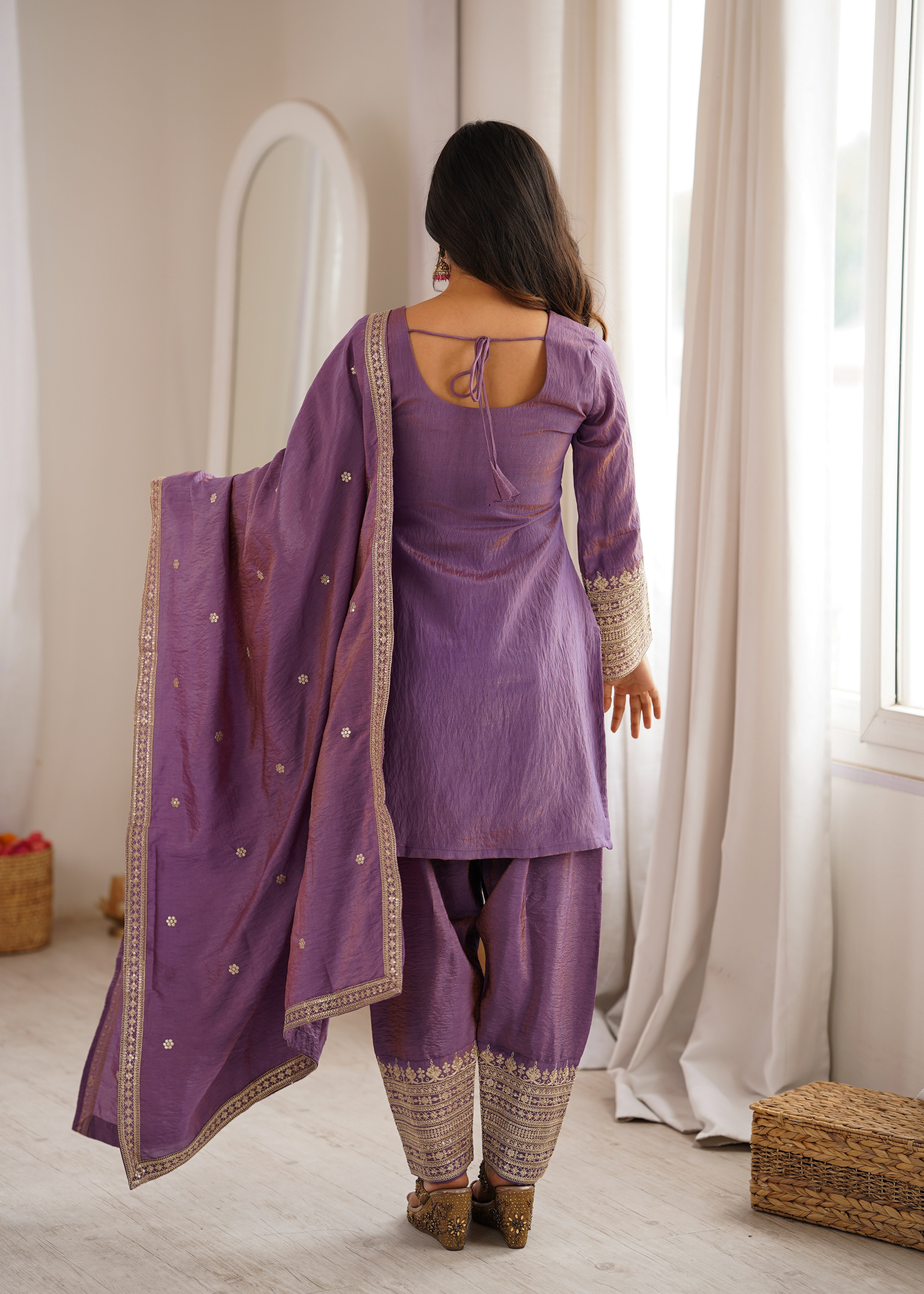 Women's NC Vichitra Silk Embroidered Kurti Farshi Salwar Set with Dupatta
