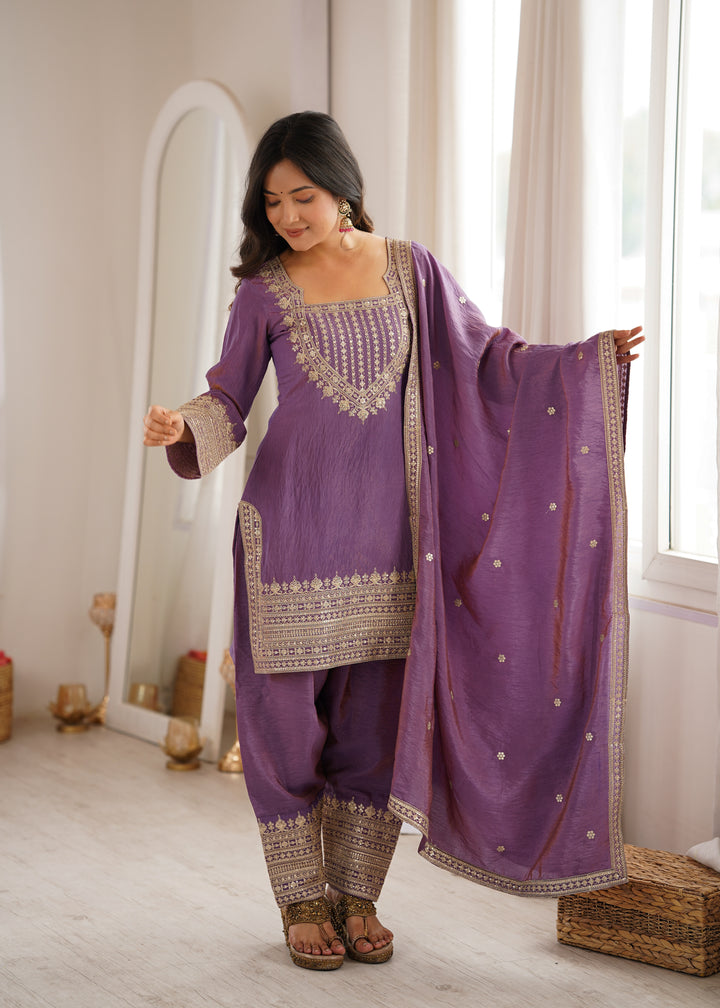 Women's NC Vichitra Silk Embroidered Kurti Farshi Salwar Set with Dupatta