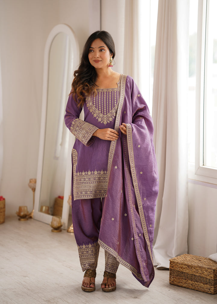 Women's NC Vichitra Silk Embroidered Kurti Farshi Salwar Set with Dupatta