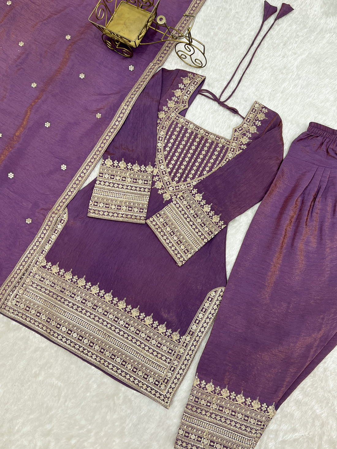 Women's NC Vichitra Silk Embroidered Kurti Farshi Salwar Set with Dupatta