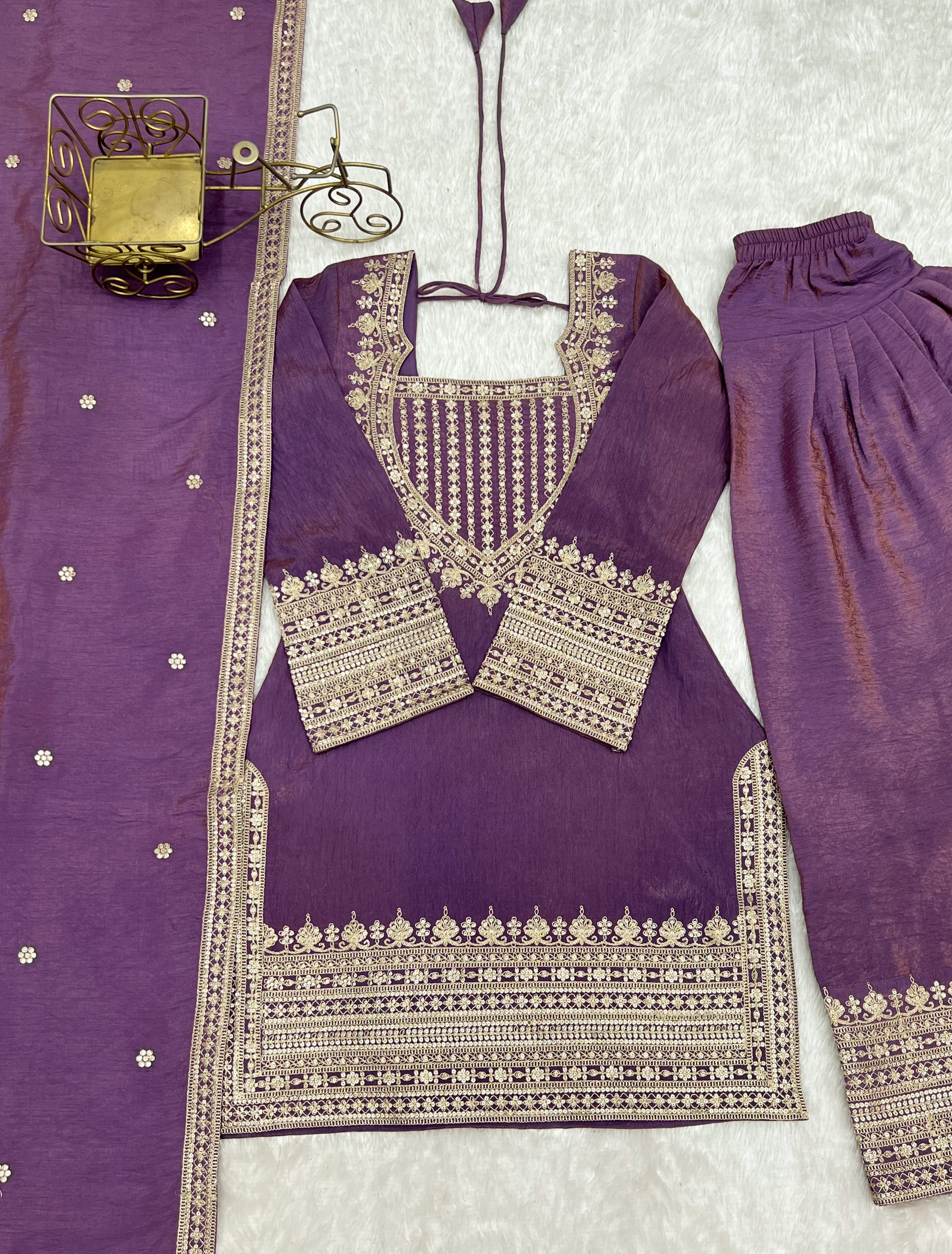Women's NC Vichitra Silk Embroidered Kurti Farshi Salwar Set with Dupatta