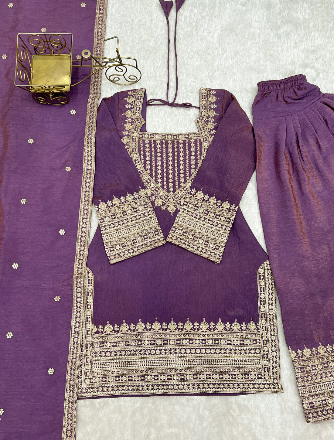Women's NC Vichitra Silk Embroidered Kurti Farshi Salwar Set with Dupatta