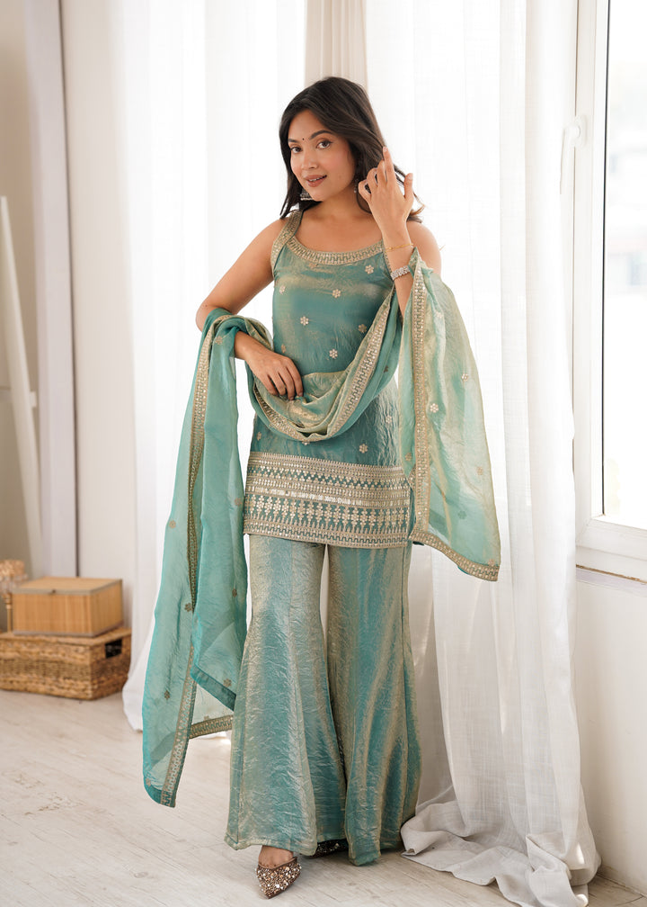 Trendy Silk Embroidered Bell Bottom Suit Set With Dupatta ✨"KB–302"
