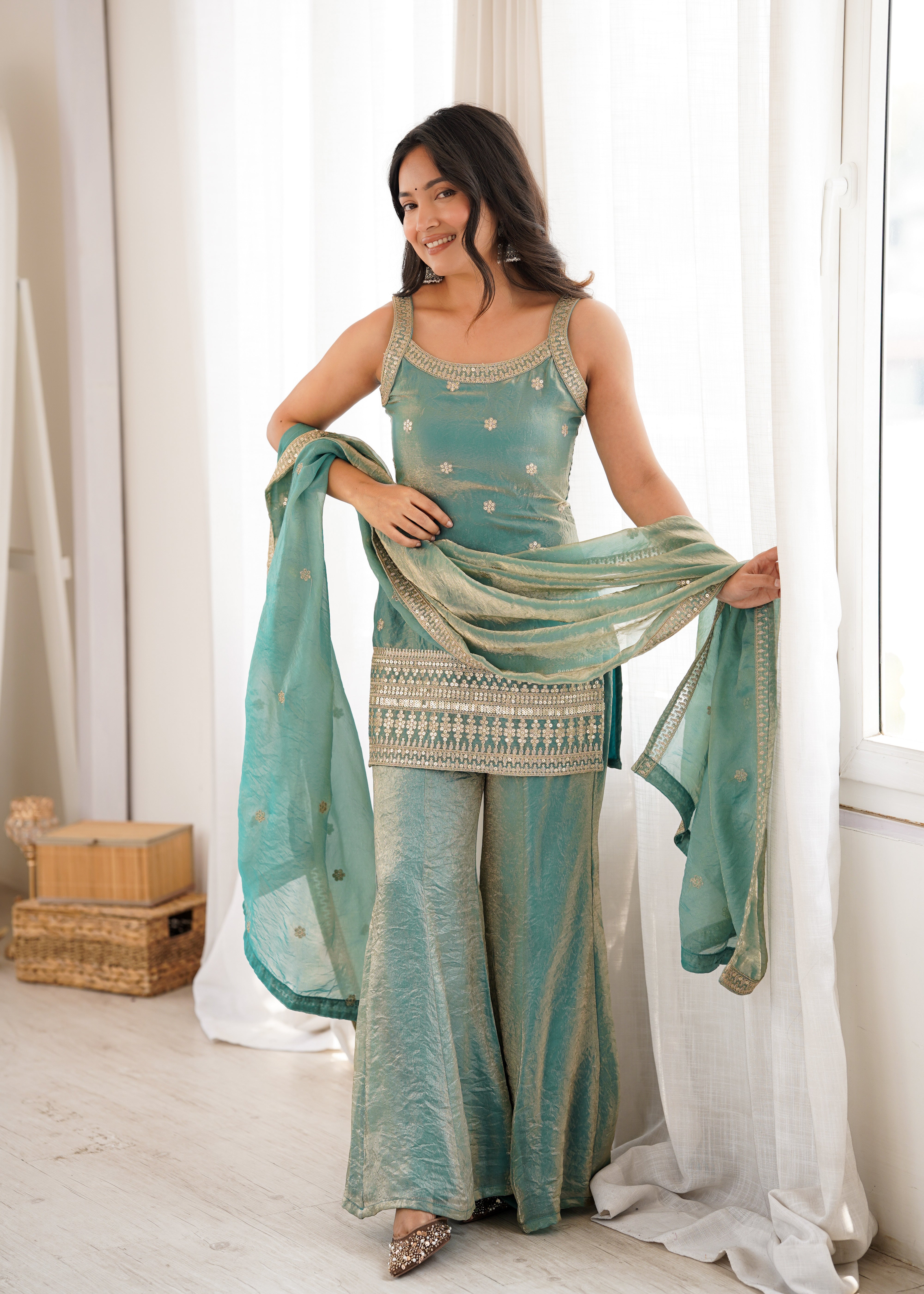 Women's Trendy Silk Embroidered Kurti Pant Dupatta Set with Sequence Dori & Jari Work