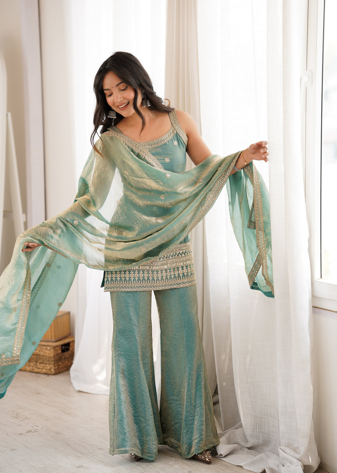 Women's Trendy Silk Embroidered Kurti Pant Dupatta Set with Sequence Dori & Jari Work