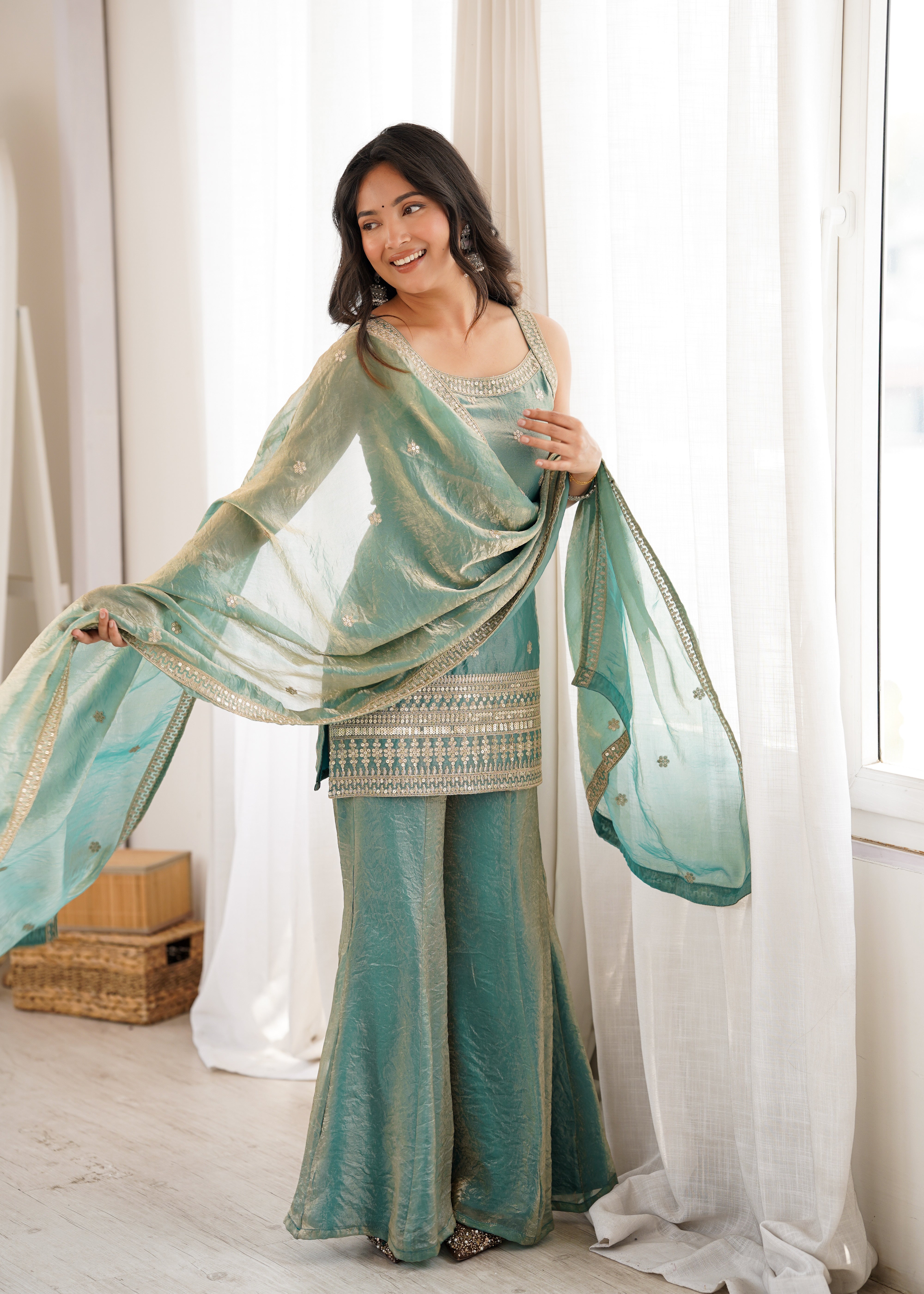 Women's Trendy Silk Embroidered Kurti Pant Dupatta Set with Sequence Dori & Jari Work