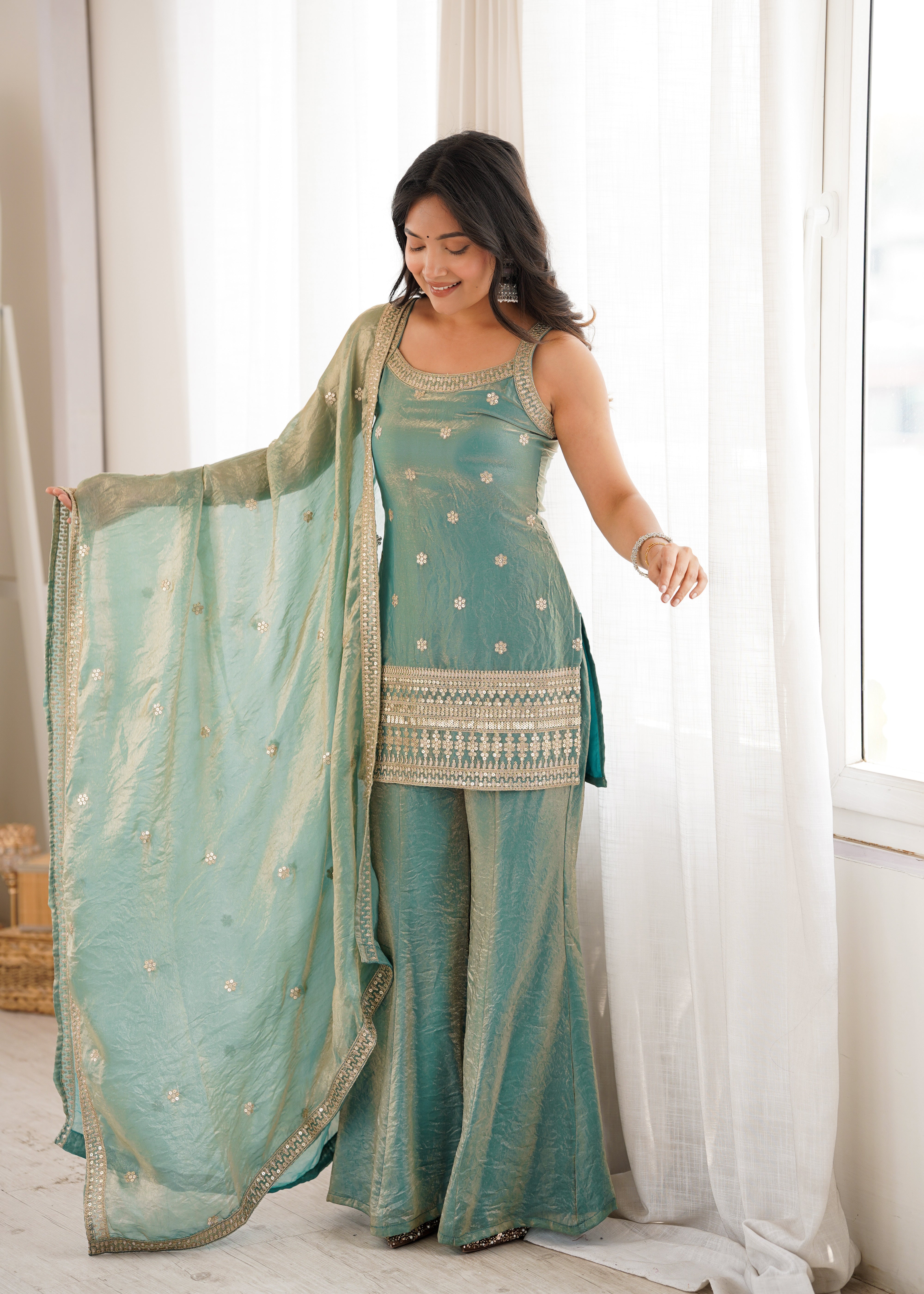 Women's Trendy Silk Embroidered Kurti Pant Dupatta Set with Sequence Dori & Jari Work