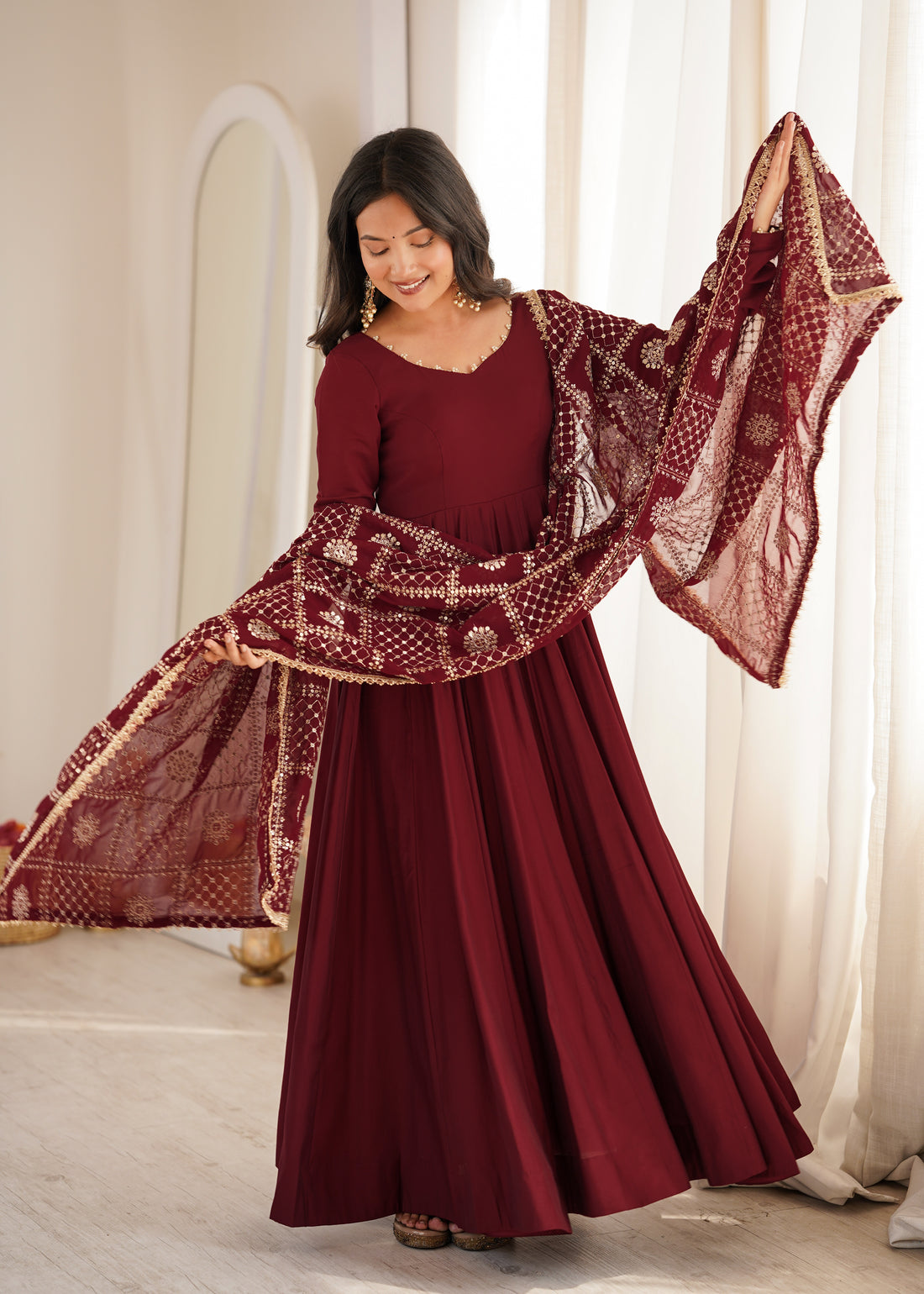 Women’s Pure Roman Silk Chanderi 16 Kali Anarkali Gown with Embroidered Dupatta