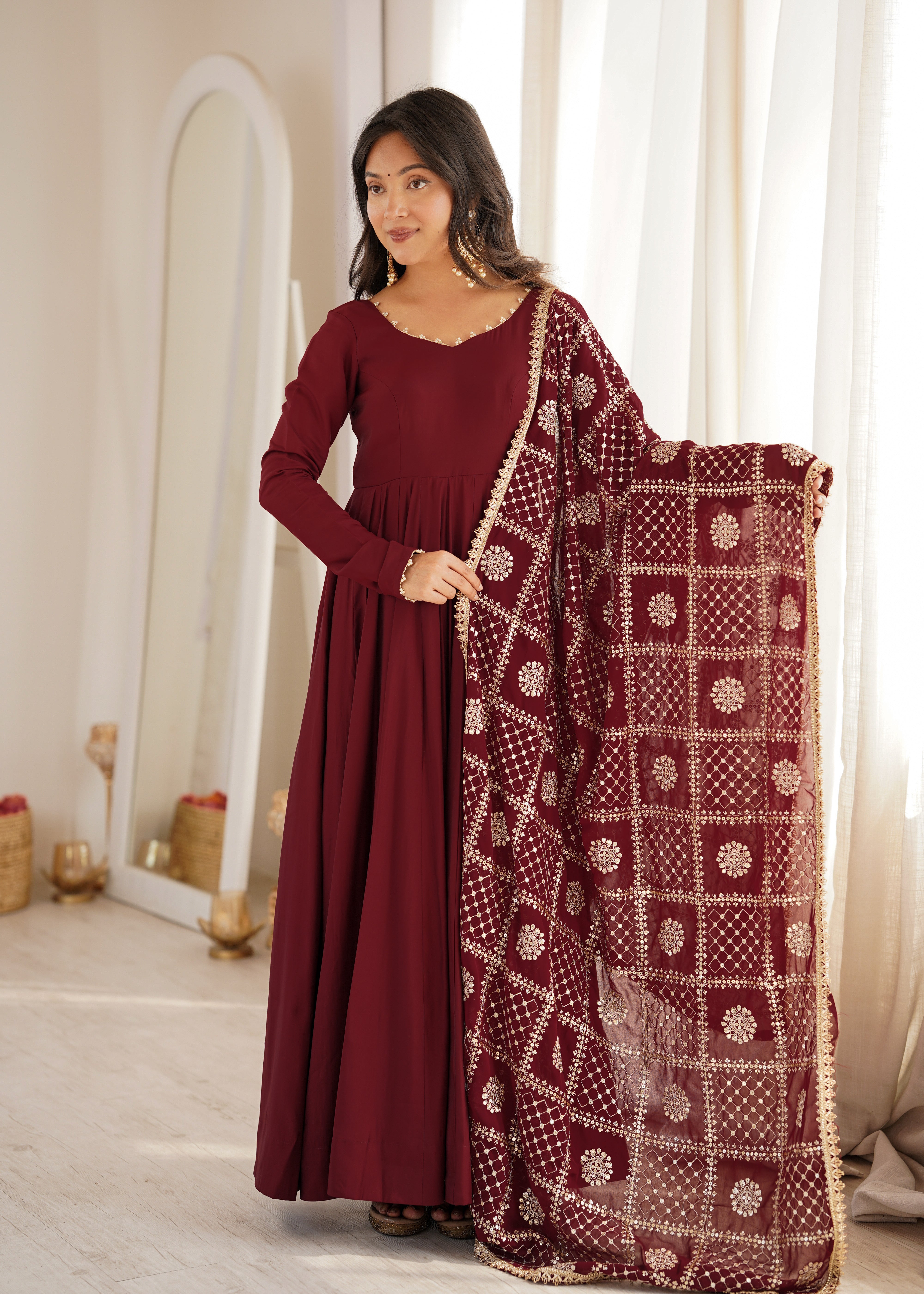 Women’s Pure Roman Silk Chanderi 16 Kali Anarkali Gown with Embroidered Dupatta