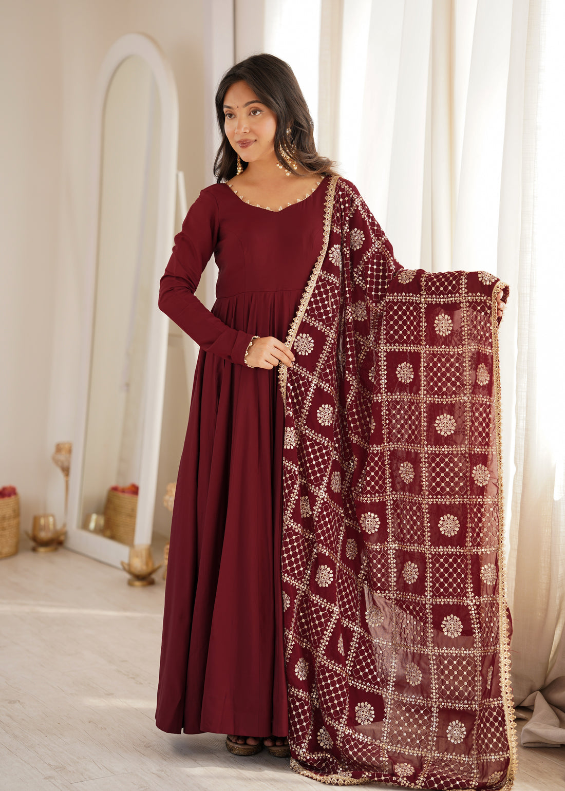 Women’s Pure Roman Silk Chanderi 16 Kali Anarkali Gown with Embroidered Dupatta
