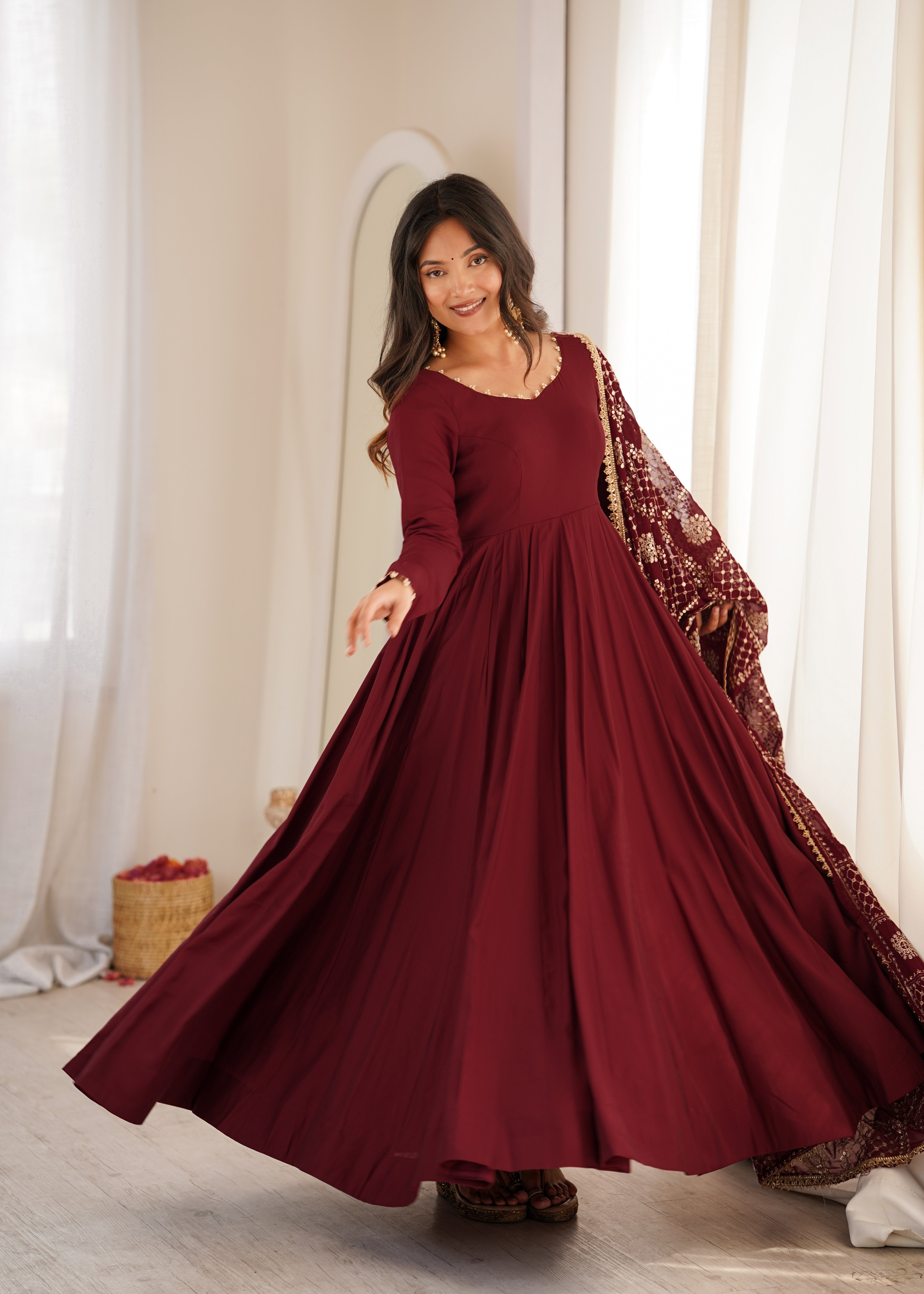 Women’s Pure Roman Silk Chanderi 16 Kali Anarkali Gown with Embroidered Dupatta