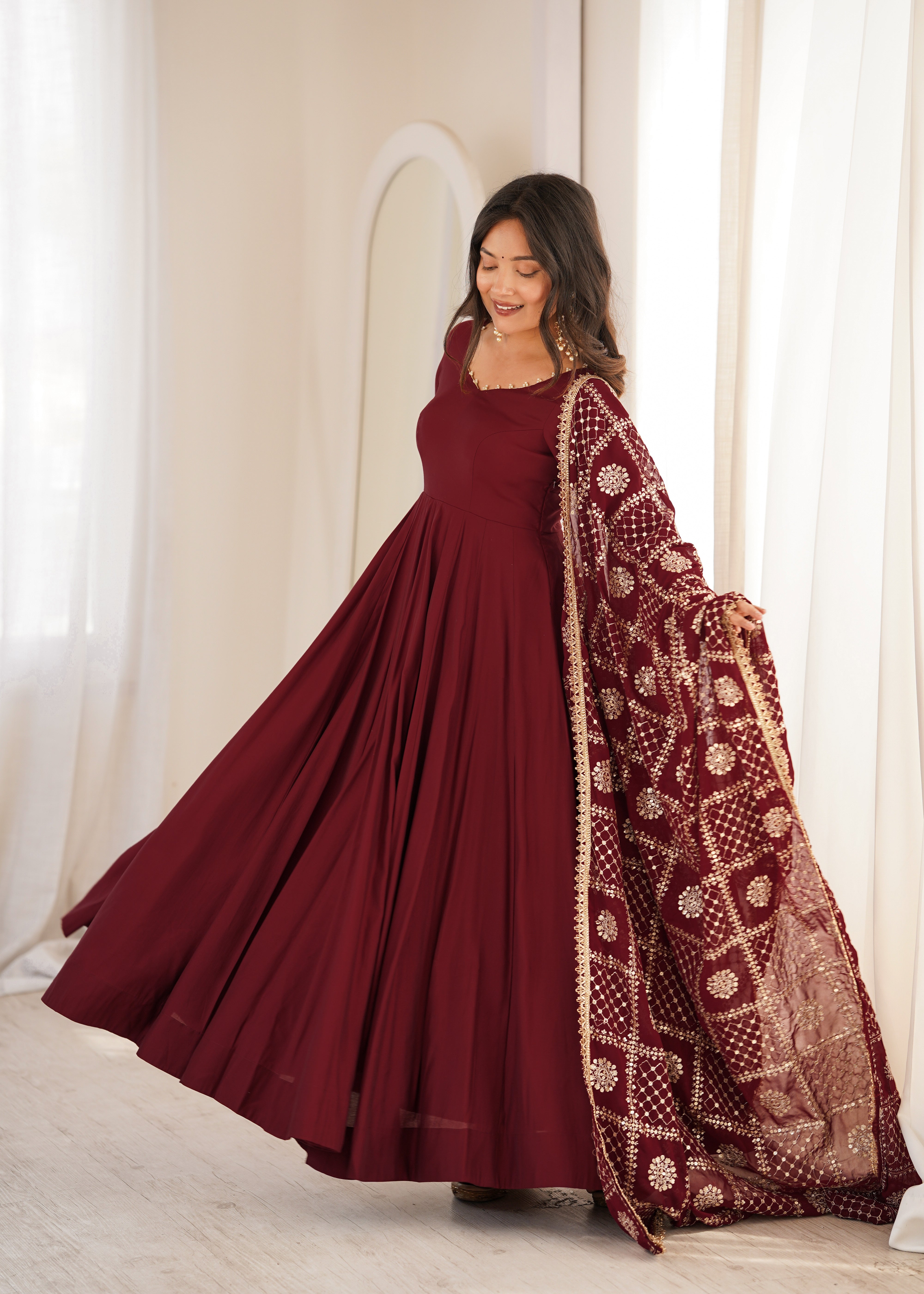 Women’s Pure Roman Silk Chanderi 16 Kali Anarkali Gown with Embroidered Dupatta