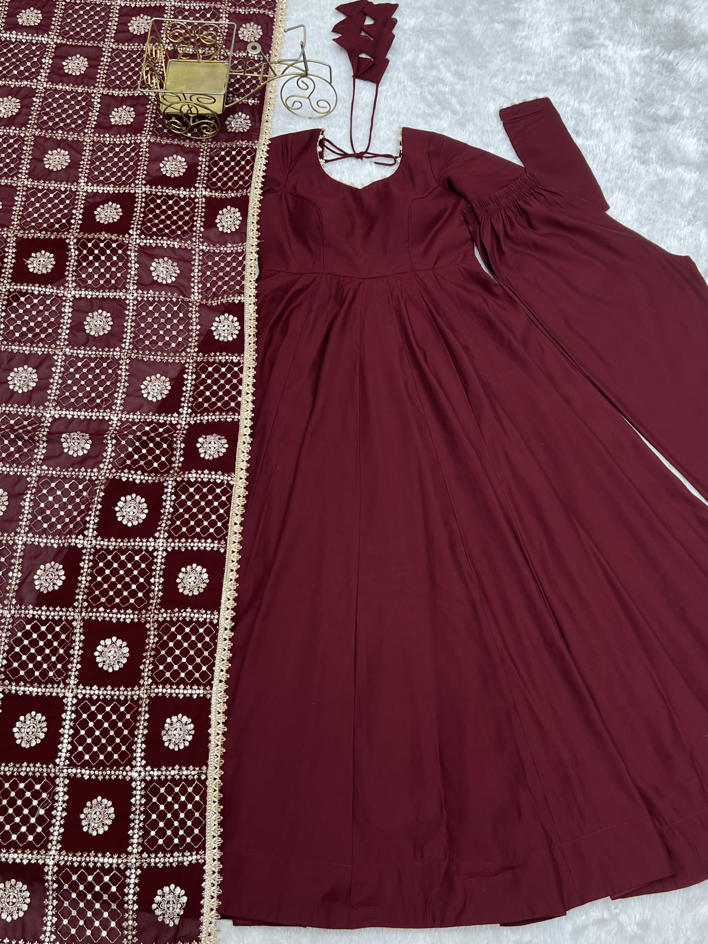 Women’s Pure Roman Silk Chanderi 16 Kali Anarkali Gown with Embroidered Dupatta
