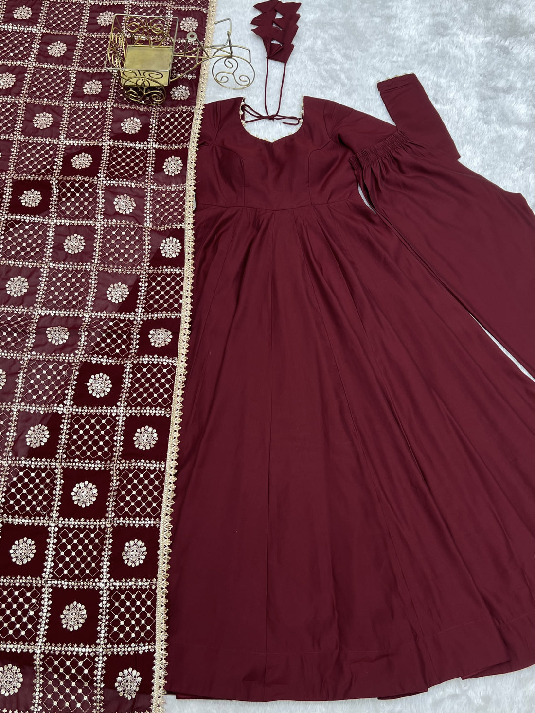 Women’s Pure Roman Silk Chanderi 16 Kali Anarkali Gown with Embroidered Dupatta