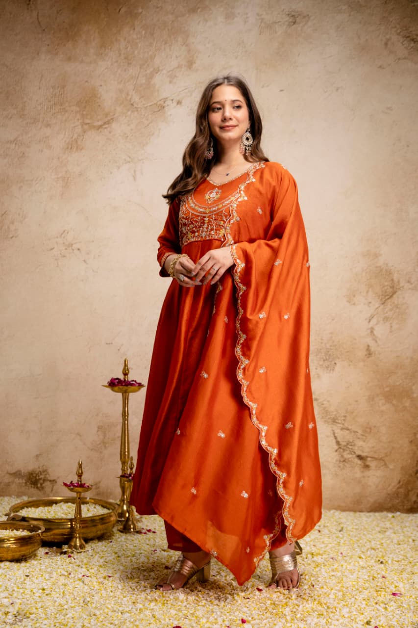 Luxury Vichitra Silk Kurti with Embroidered Dupatta