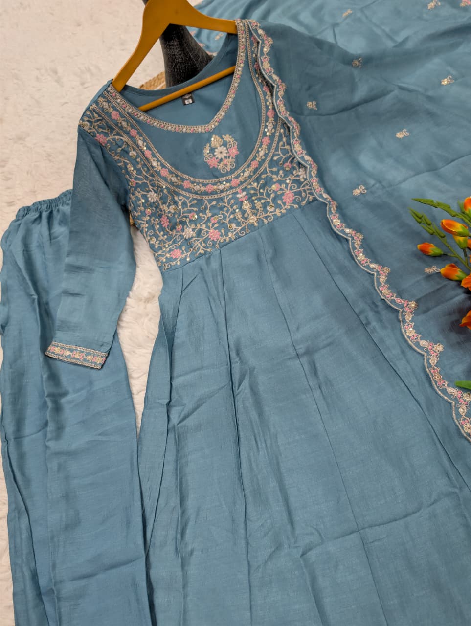 Luxury Vichitra Silk Kurti with Embroidered Dupatta