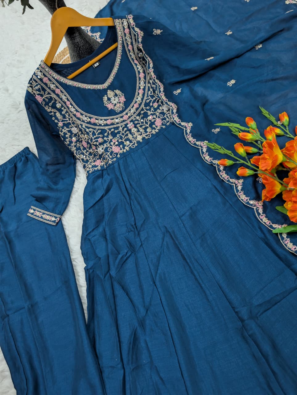 Luxury Vichitra Silk Kurti with Embroidered Dupatta