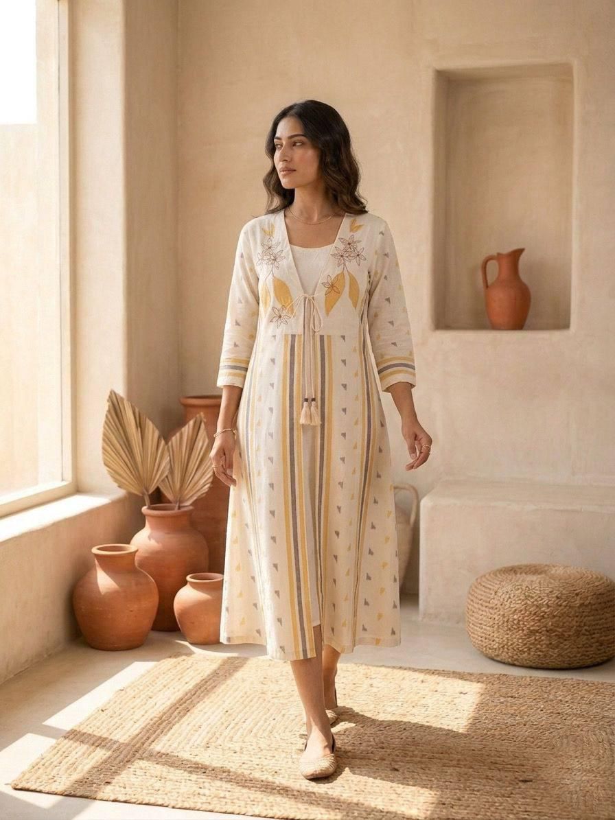 Premium Pure Cotton 2 Piece Kurta & Embroidered Jacket Set for Women